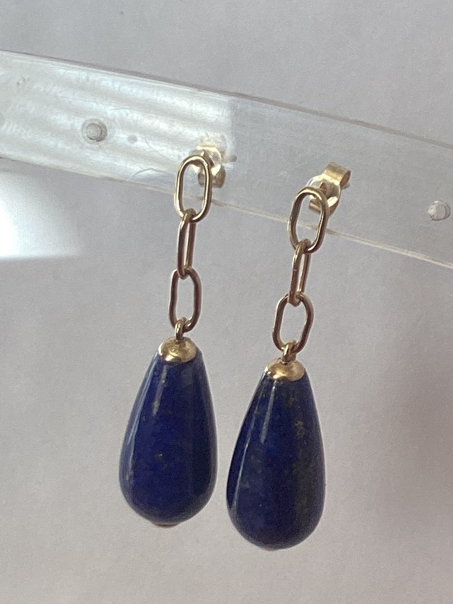 Gold lapis lazuli earrings, solid 9ct gold, natural blue gemstones, handmade earrings