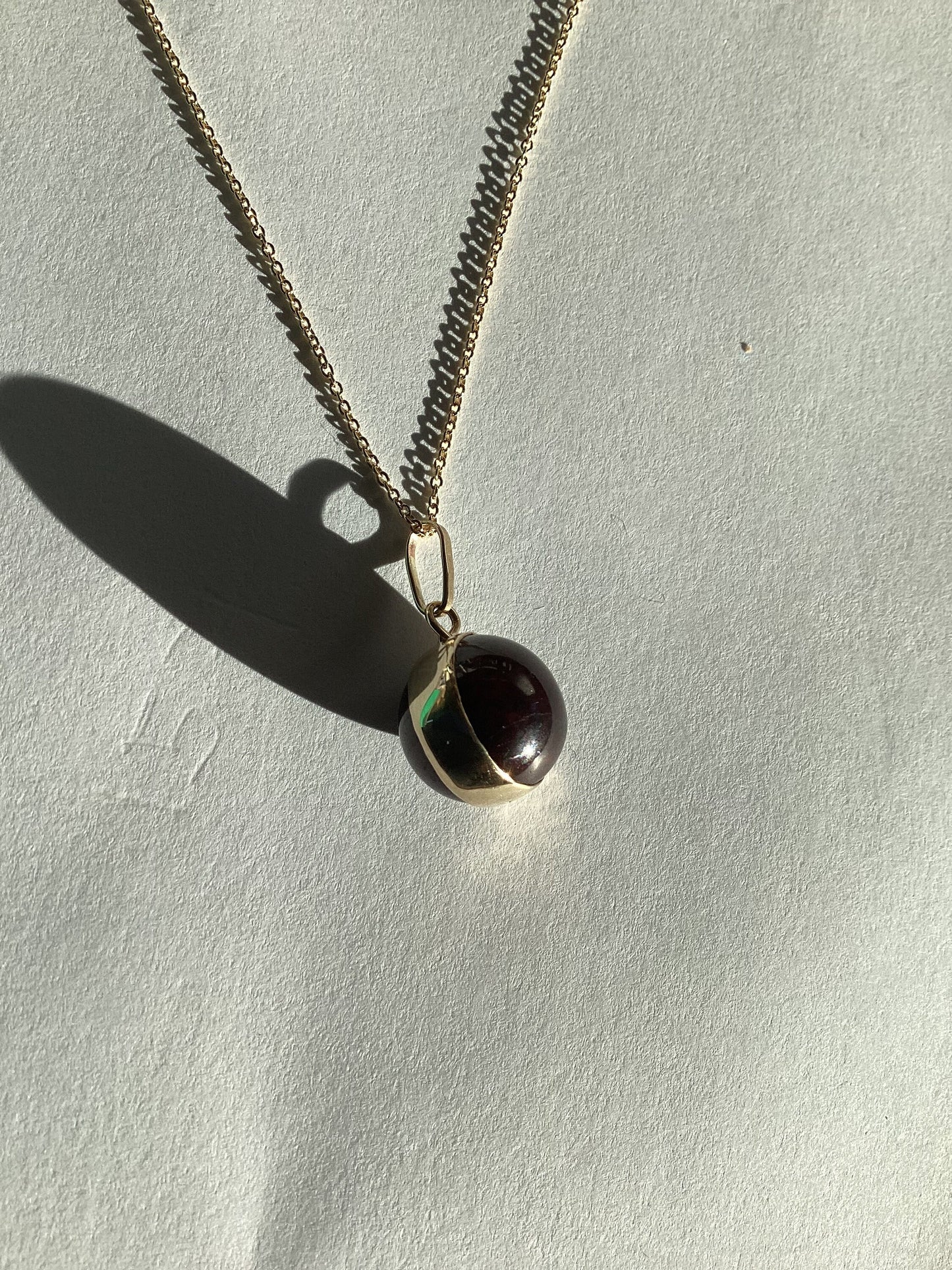 gold garnet pendant, solid 9ct yellow gold necklace, round red stone pendant