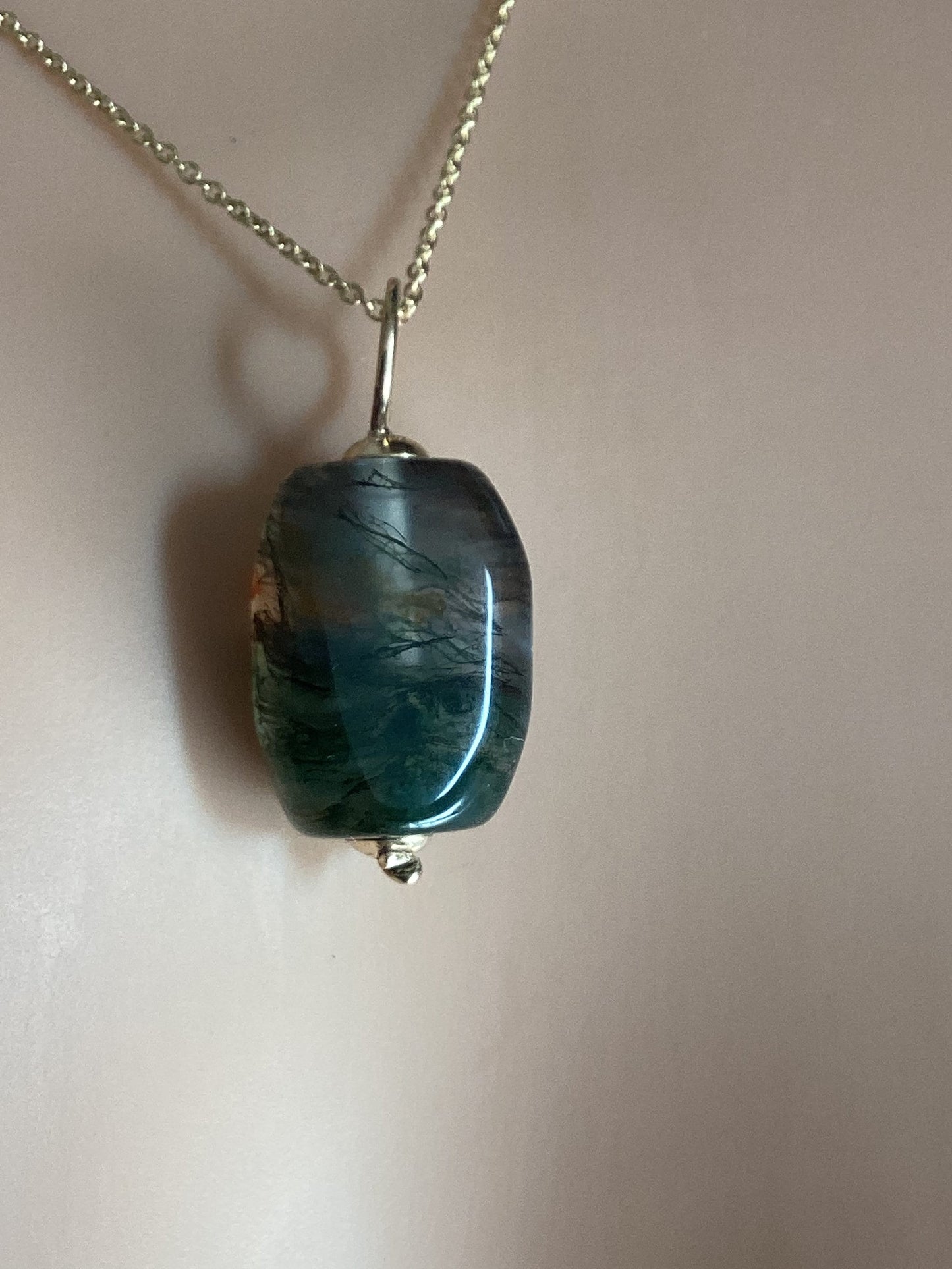 Gold Moss Agate necklace, solid 9ct yellow gold, natural oblong green stone, 18” chain