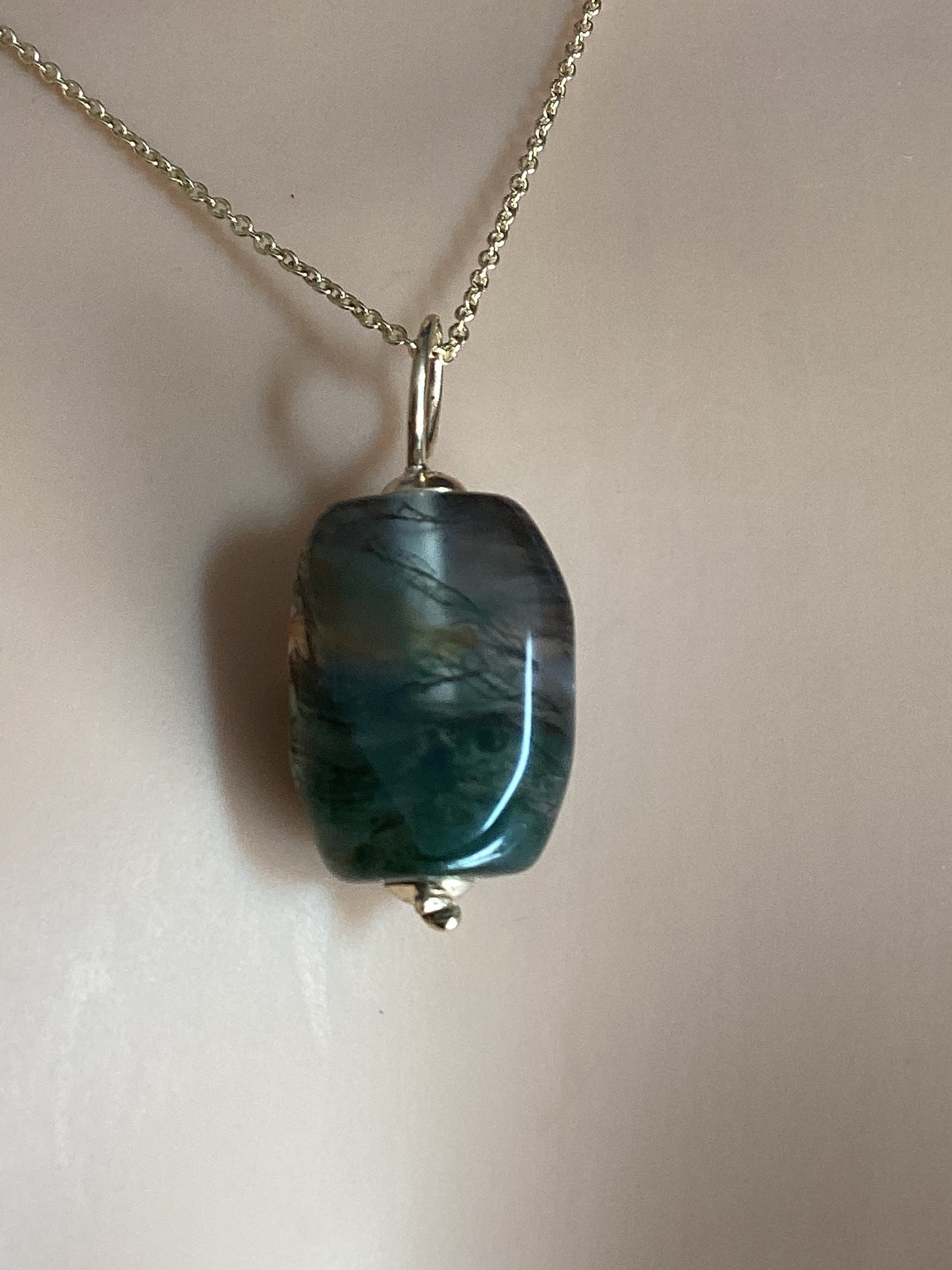 Gold Moss Agate necklace, solid 9ct yellow gold, natural oblong green stone, 18” chain