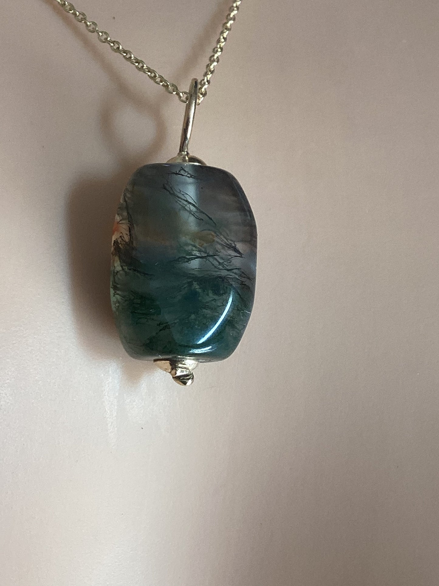 Gold Moss Agate necklace, solid 9ct yellow gold, natural oblong green stone, 18” chain