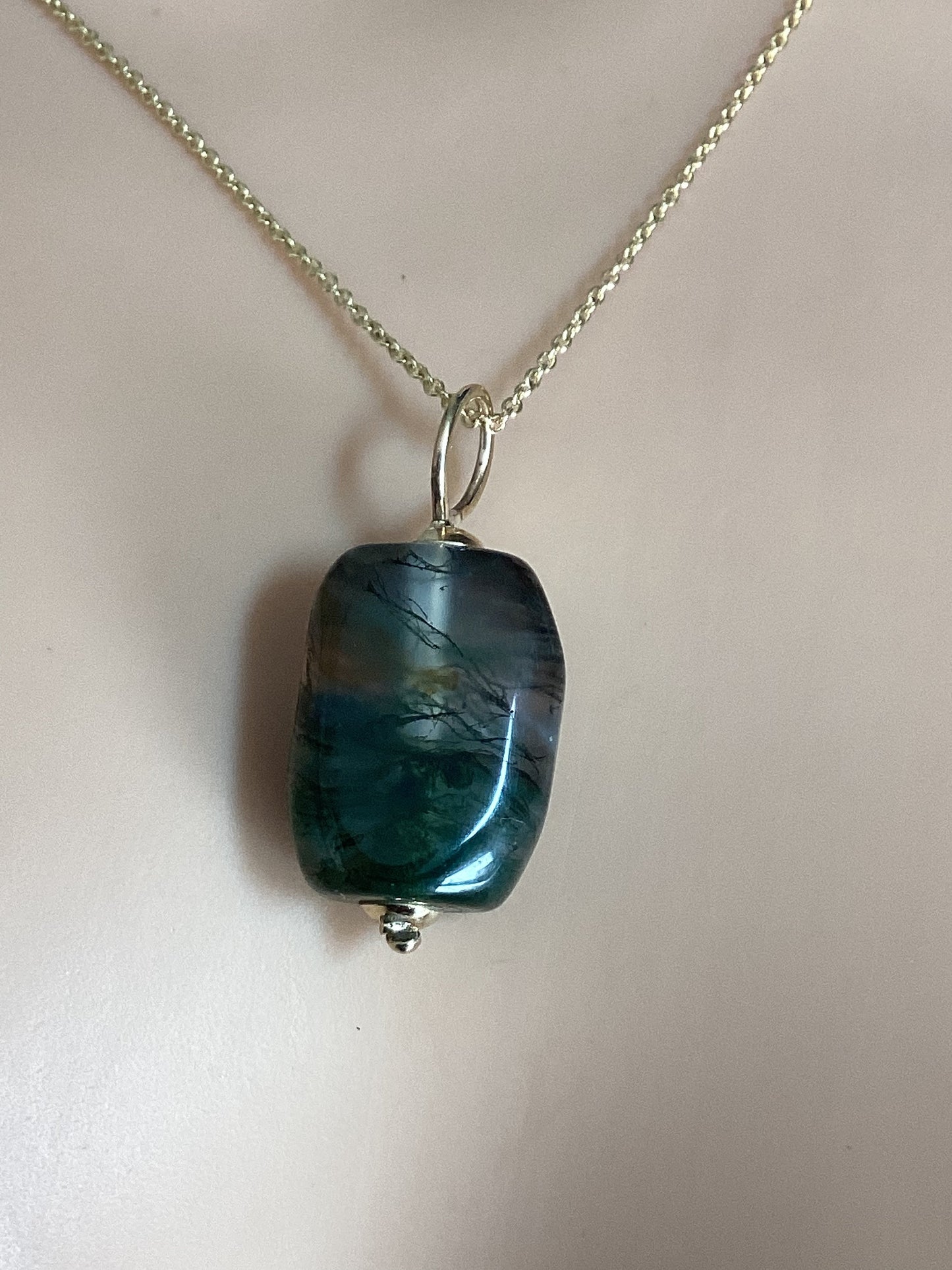 Gold Moss Agate necklace, solid 9ct yellow gold, natural oblong green stone, 18” chain