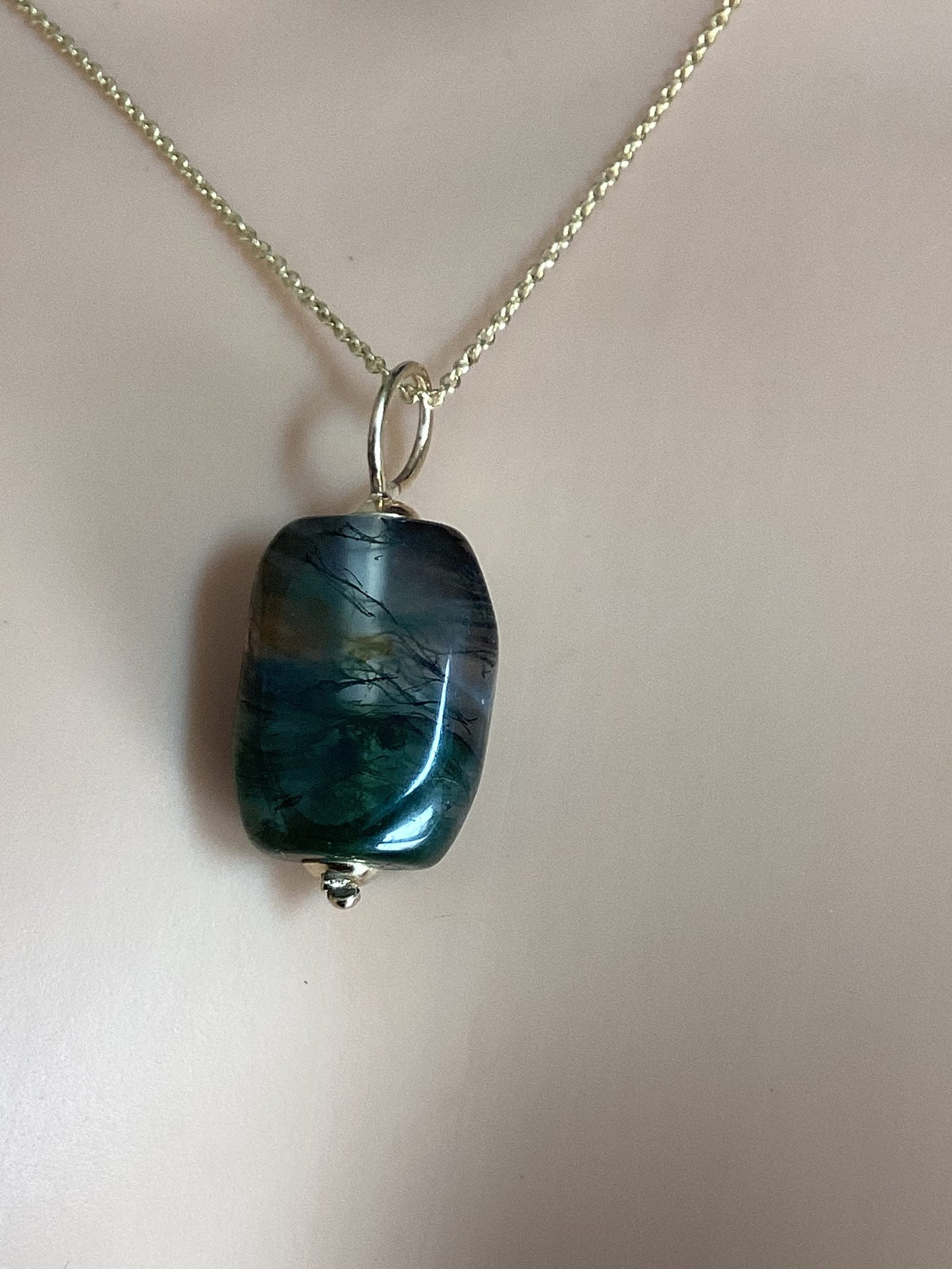 Gold Moss Agate necklace, solid 9ct yellow gold, natural oblong green stone, 18” chain