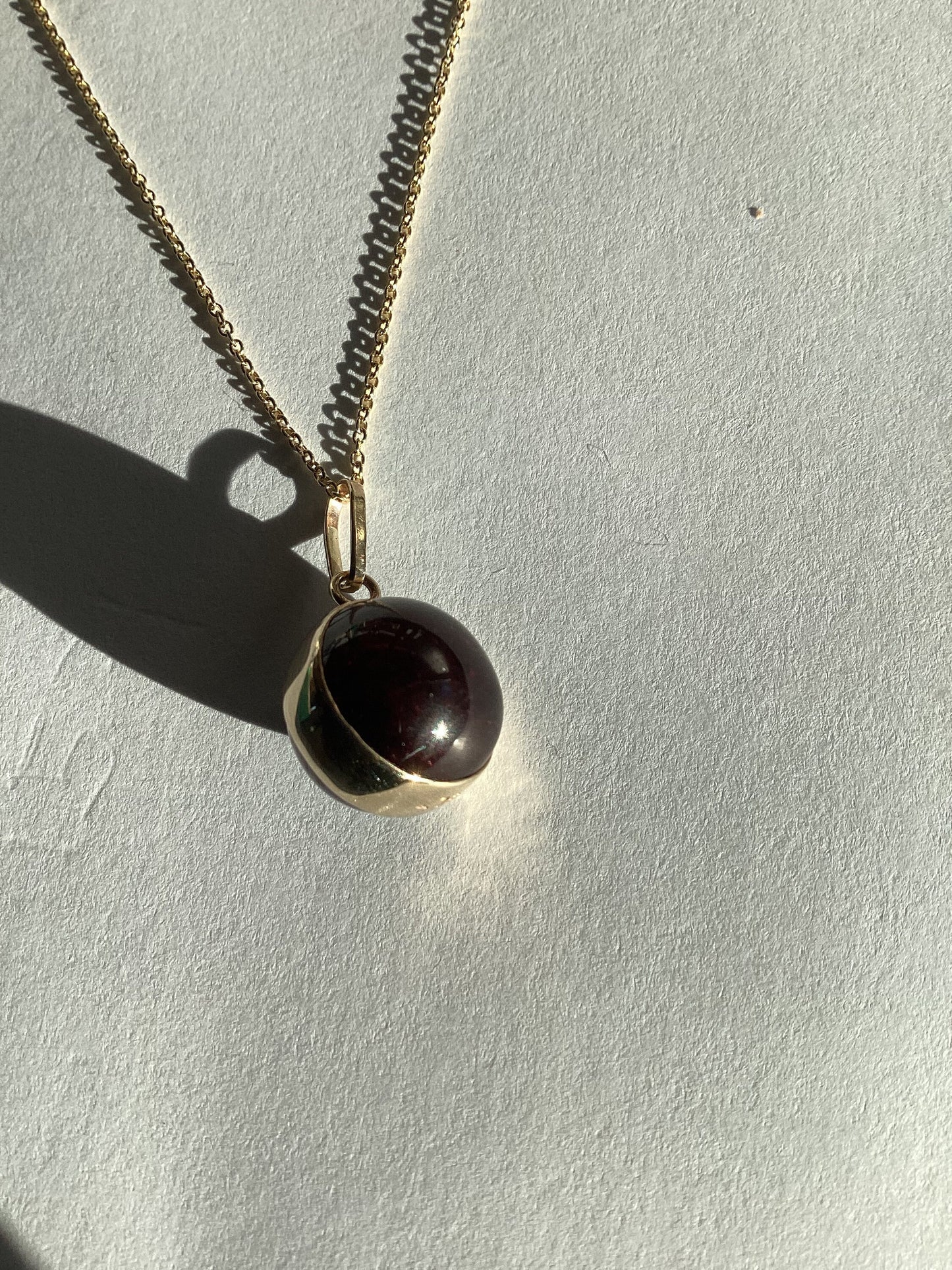 gold garnet pendant, solid 9ct yellow gold necklace, round red stone pendant