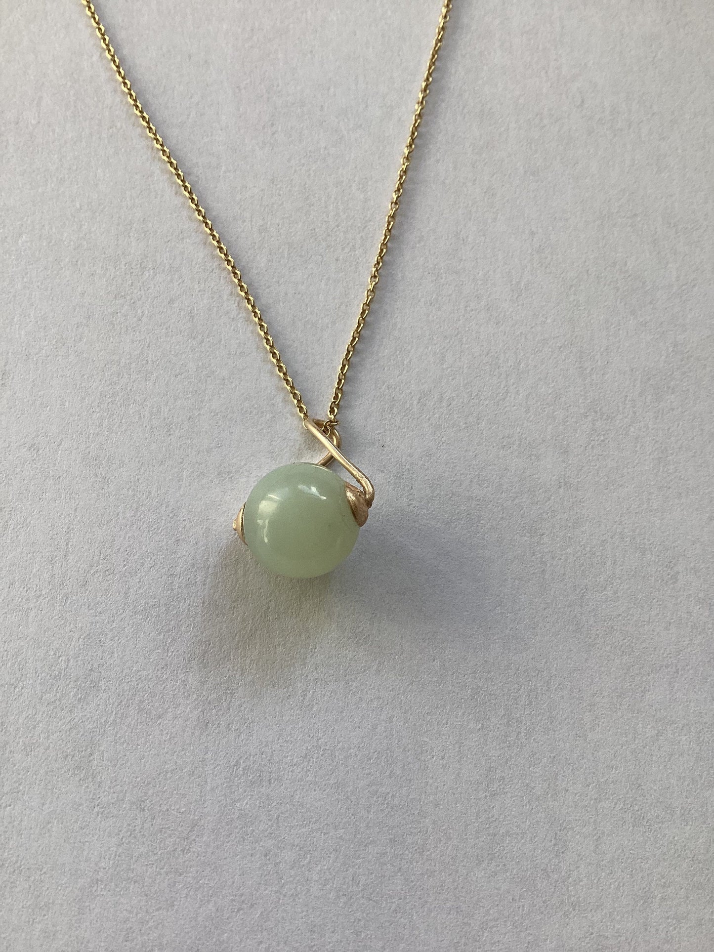 Gold and jade pendant, natural new jade necklace, solid 9ct yellow gold, 18” chain, light green gemstone, round twisted pendant