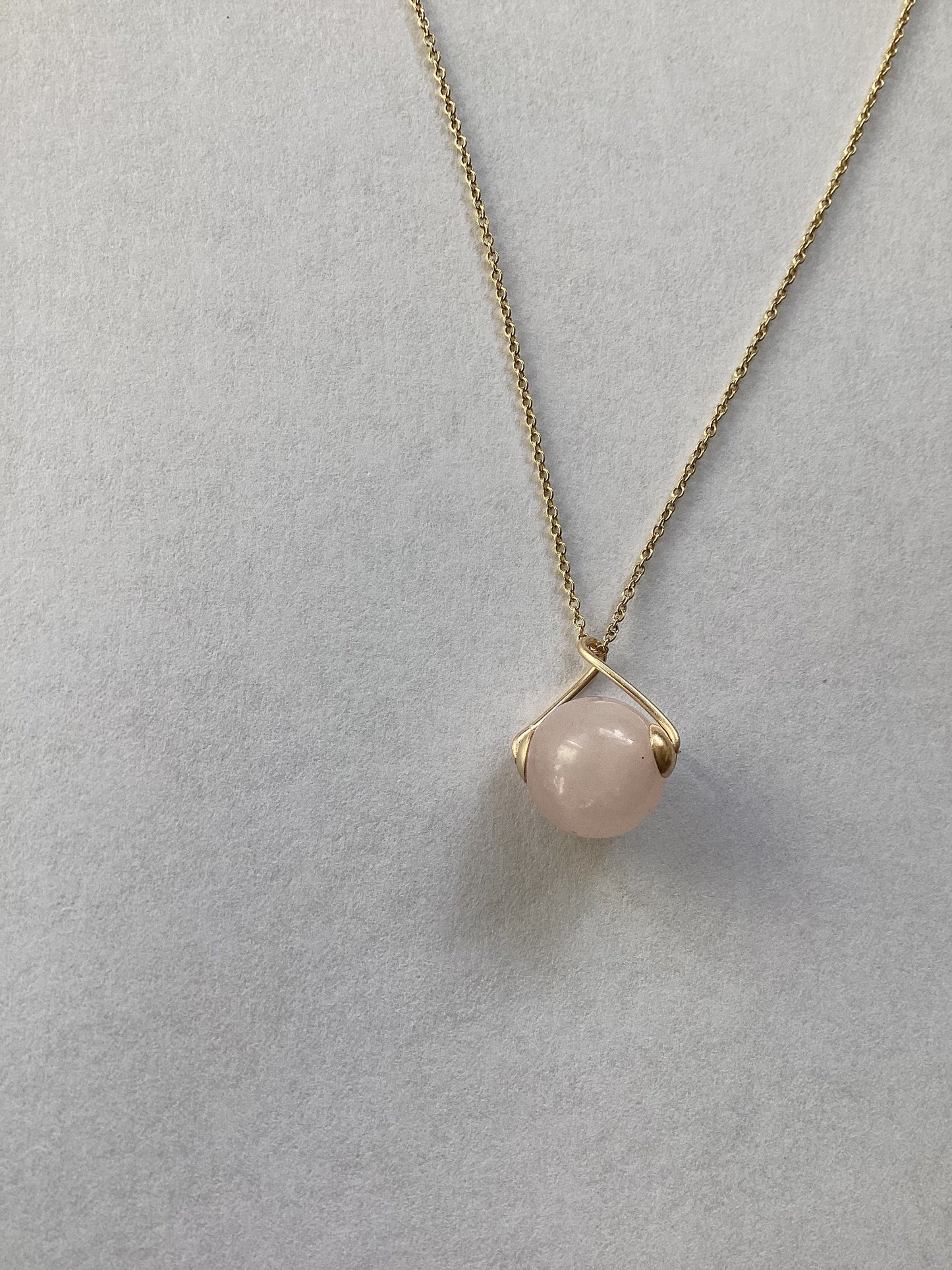 gold necklace, Rose quartz pendant, solid gold, pink round stone