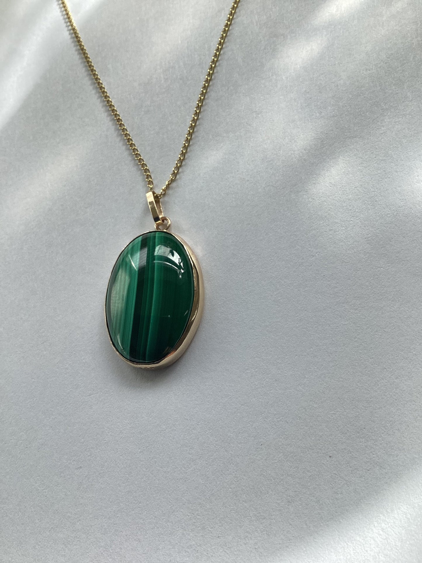 Malachite gold pendant, solid 9ct yellow gold necklace, natural oval green gemstone, 18” gold chain, handmade pendant