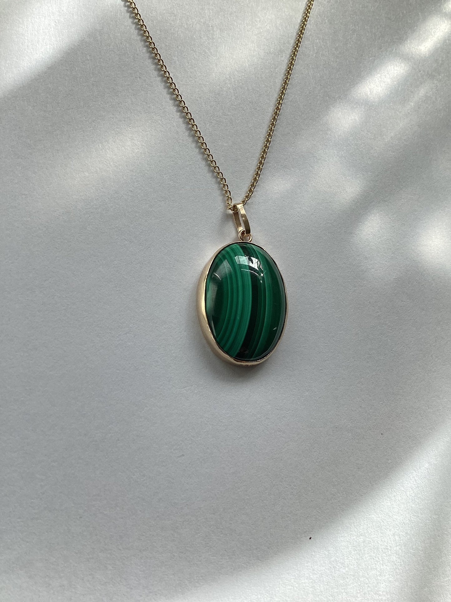 Malachite gold pendant, solid 9ct yellow gold necklace, natural oval green gemstone, 18” gold chain, handmade pendant
