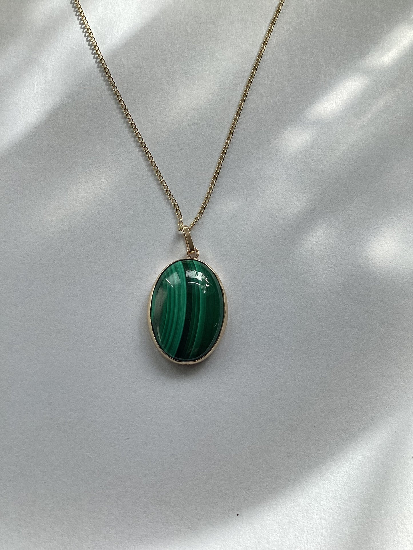 Malachite gold pendant, solid 9ct yellow gold necklace, natural oval green gemstone, 18” gold chain, handmade pendant