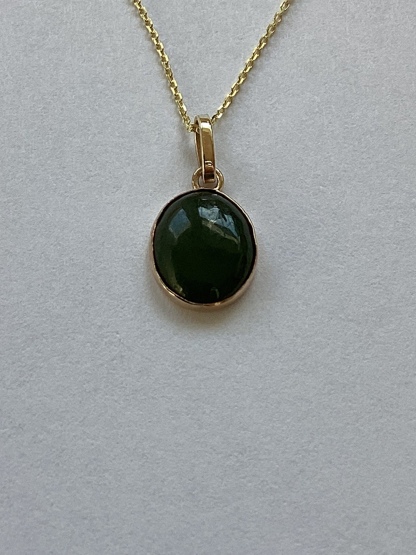 Gold nephrite Jade pendant, solid 9ct yellow gold necklace, natural green gemstone