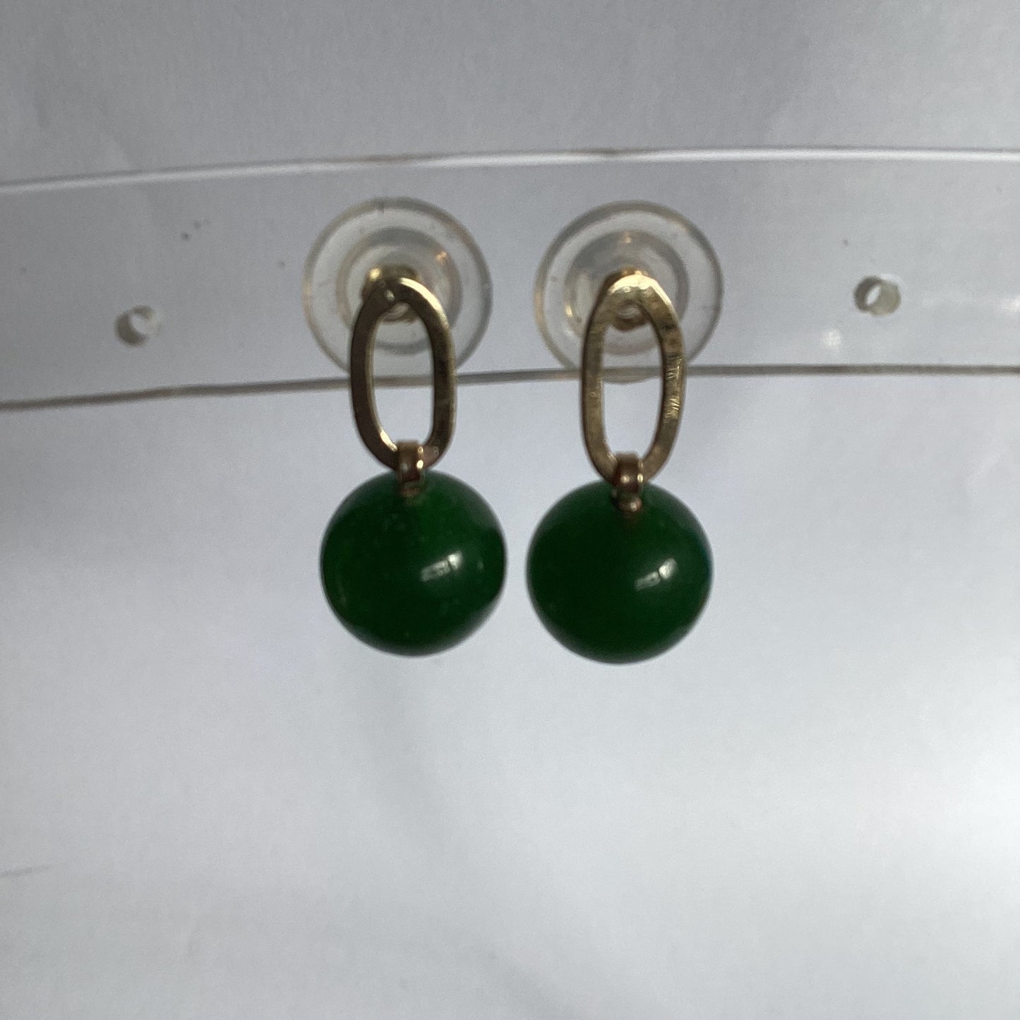 Jade gold earrings, solid 9ct yellow gold earrings, round natural green gemstones