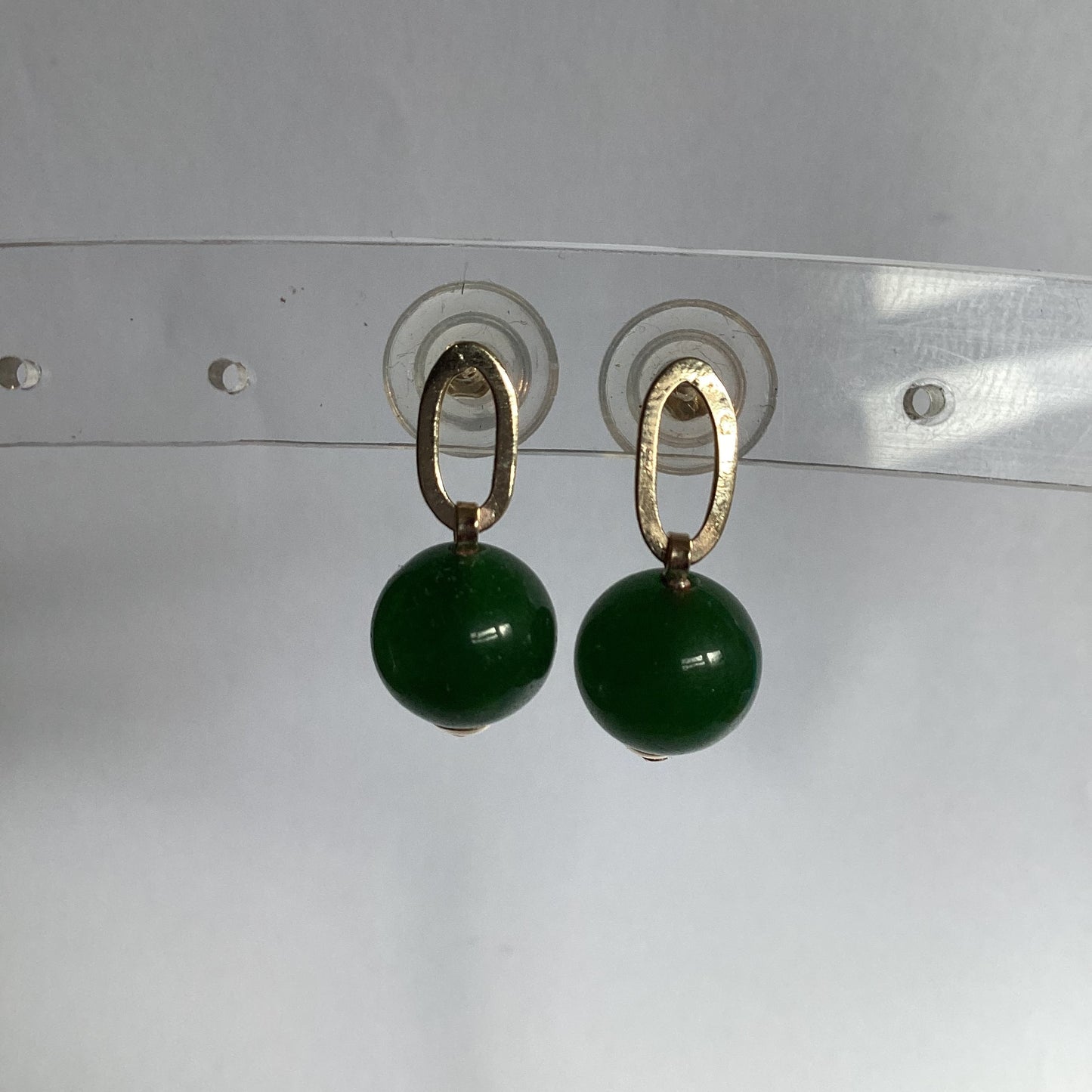 Jade gold earrings, solid 9ct yellow gold earrings, round natural green gemstones