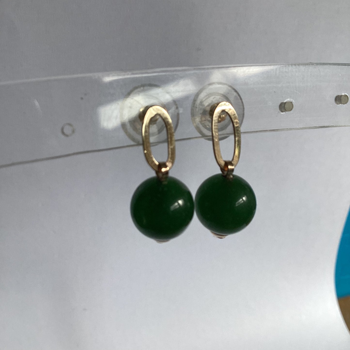 Jade gold earrings, solid 9ct yellow gold earrings, round natural green gemstones