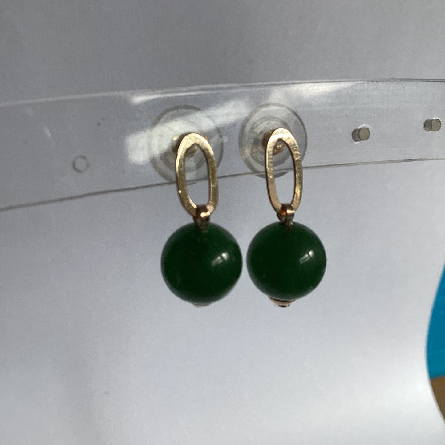 Jade gold earrings, solid 9ct yellow gold earrings, round natural green gemstones
