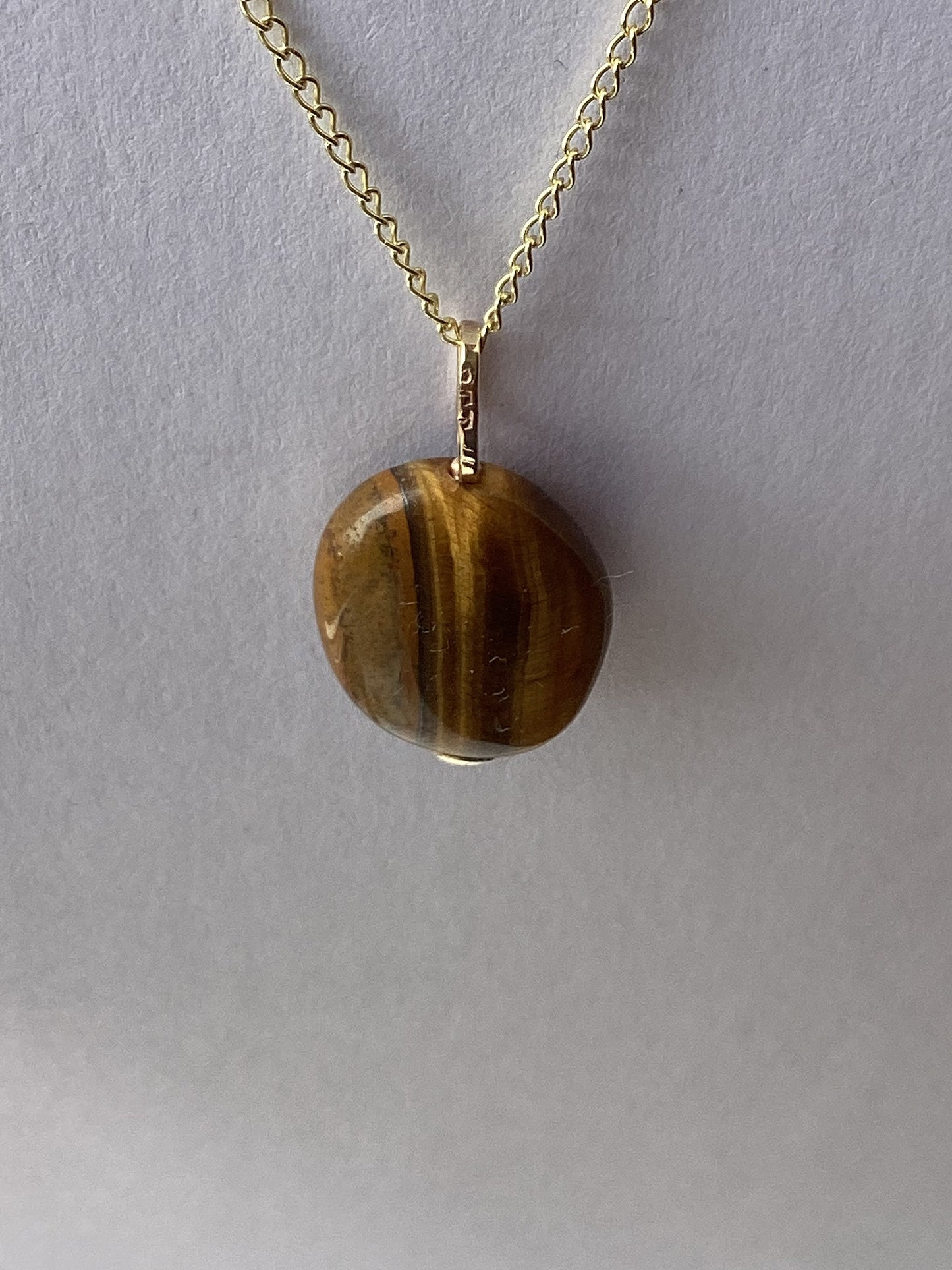 gold necklace, tiger’s eye pendant, oval natural brown gemstone, 18” chain uk hallmarked