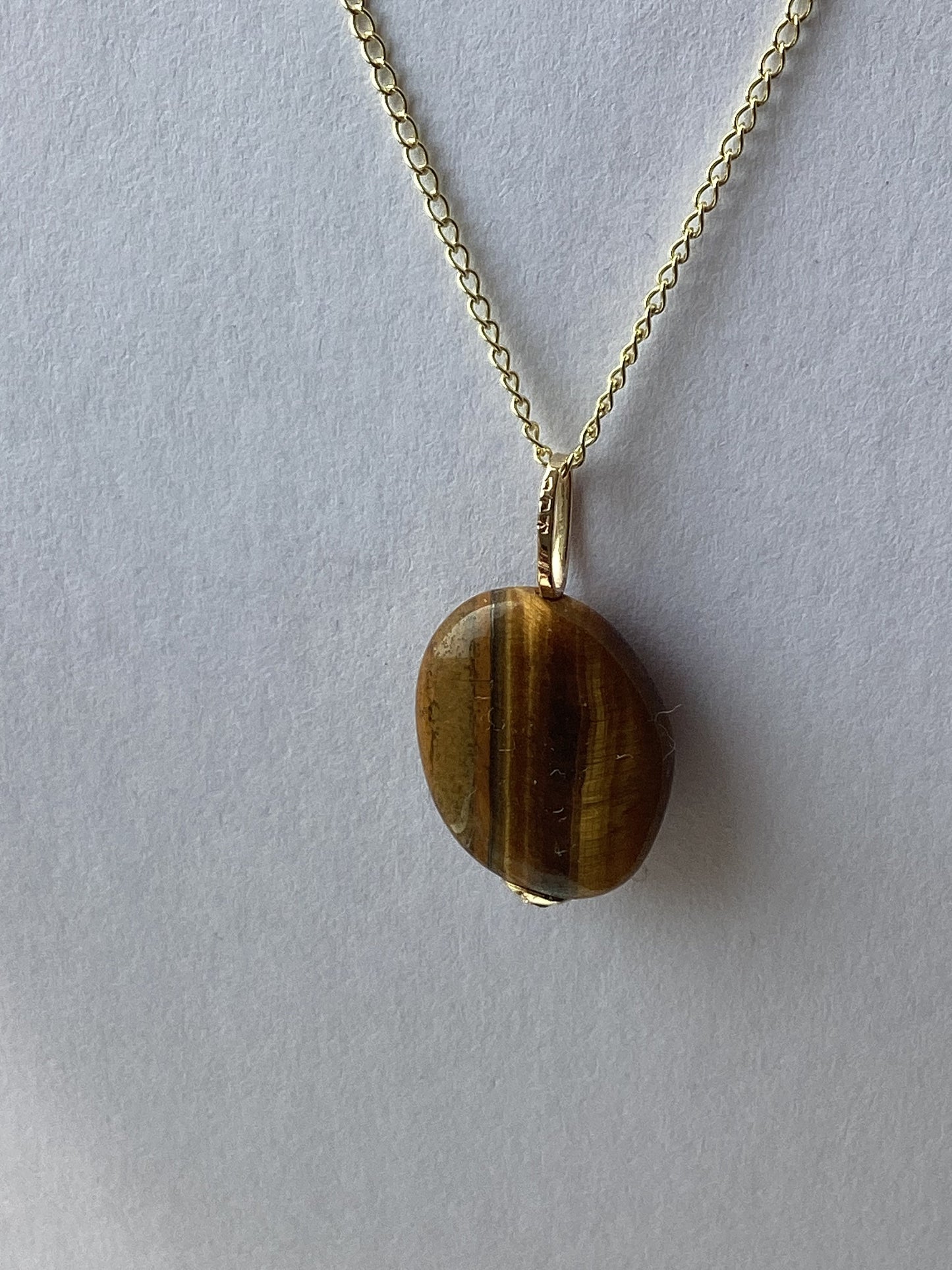 gold necklace, tiger’s eye pendant, oval natural brown gemstone, 18” chain uk hallmarked