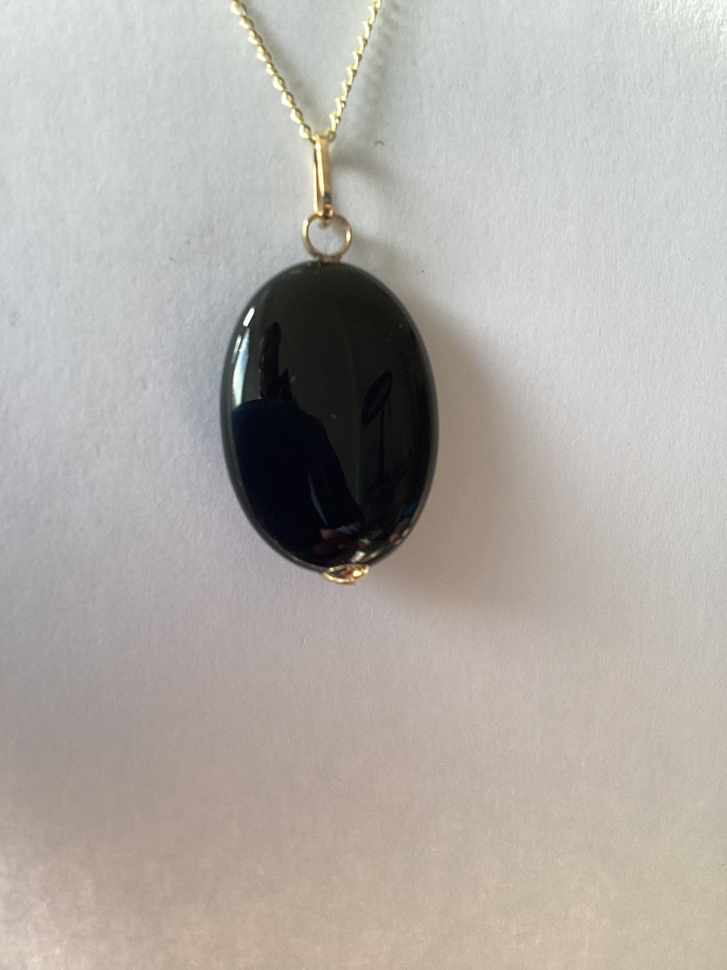 9ct gold black onyx necklace, solid 9ct yellow gold necklace, oval black onyx pendant