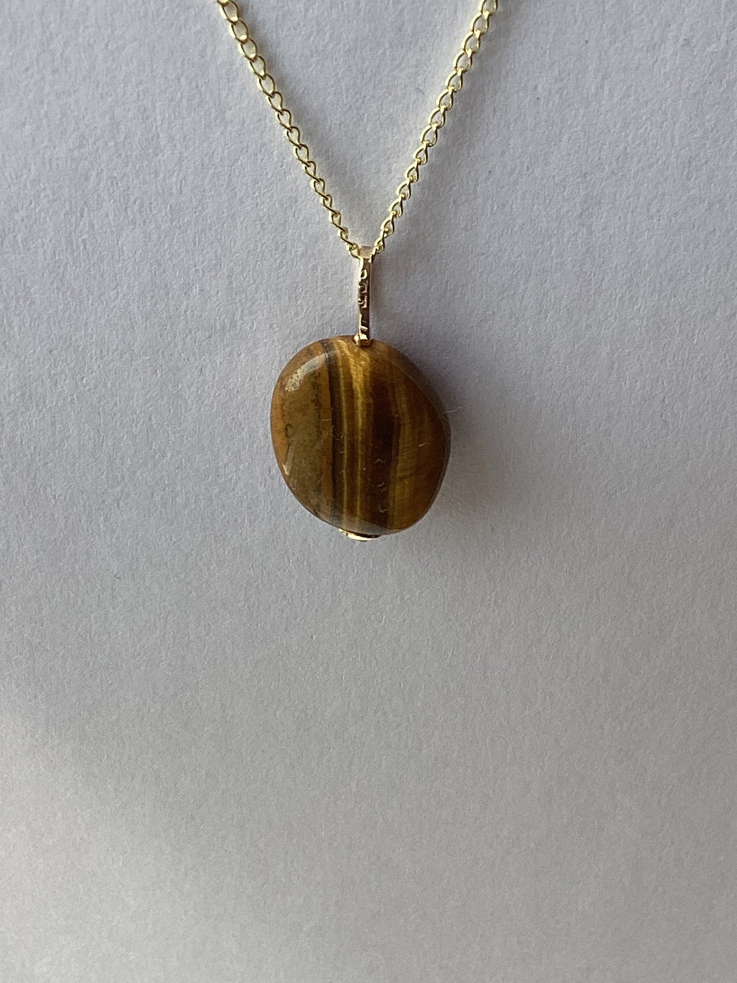 gold necklace, tiger’s eye pendant, oval natural brown gemstone, 18” chain uk hallmarked