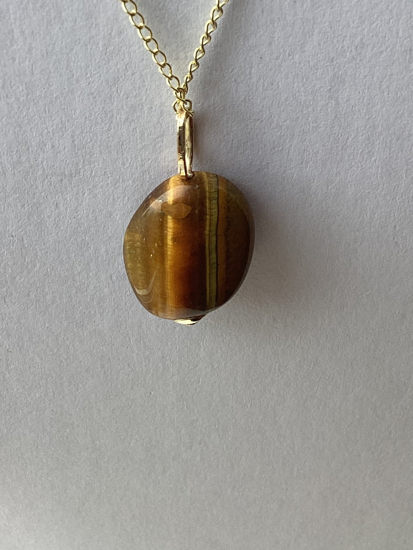 gold necklace, tiger’s eye pendant, oval natural brown gemstone, 18” chain uk hallmarked