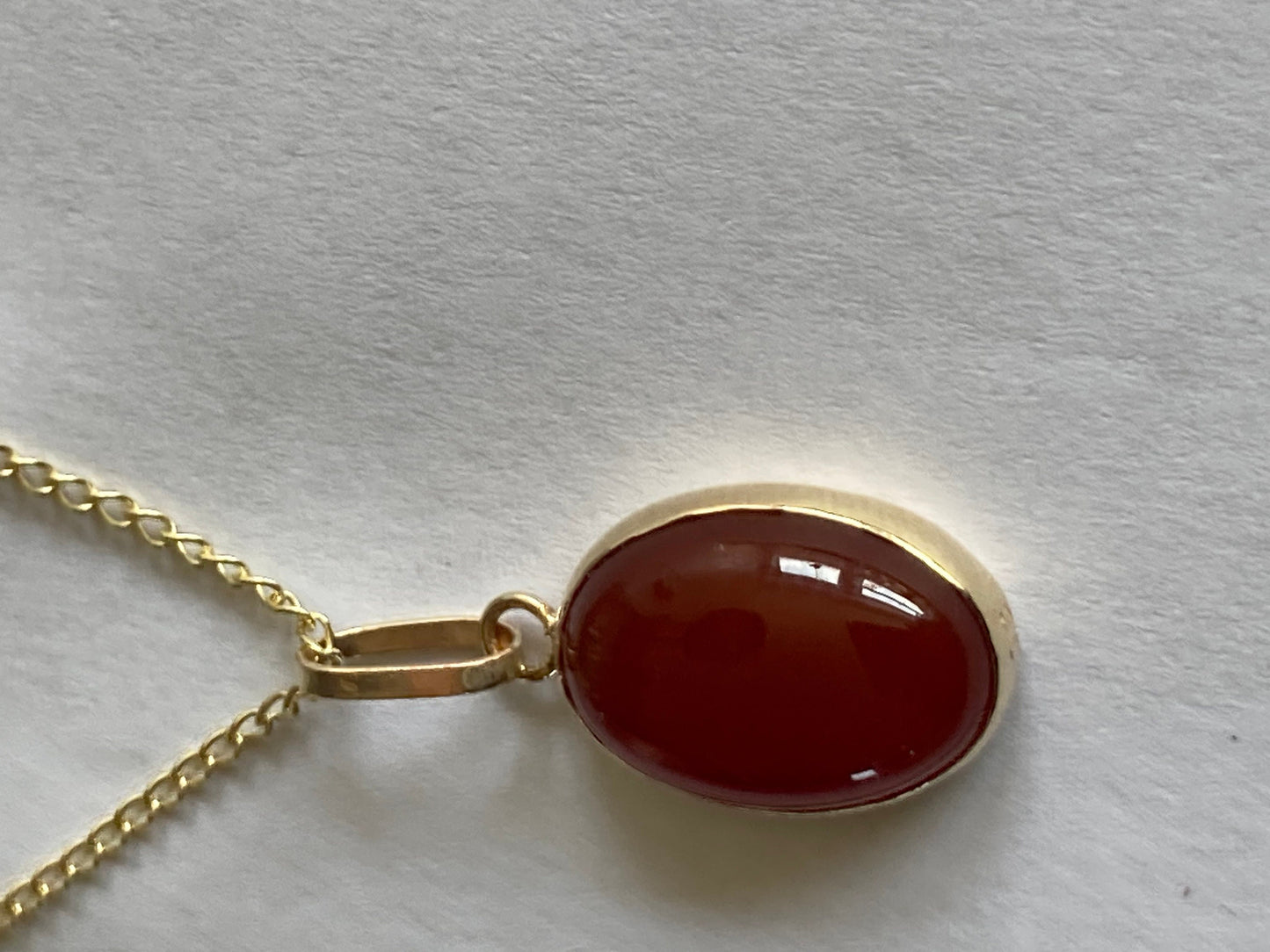 9ct gold carnelian pendant, solid 9ct yellow gold necklace, oval natural red gemstone, 18” gold chain