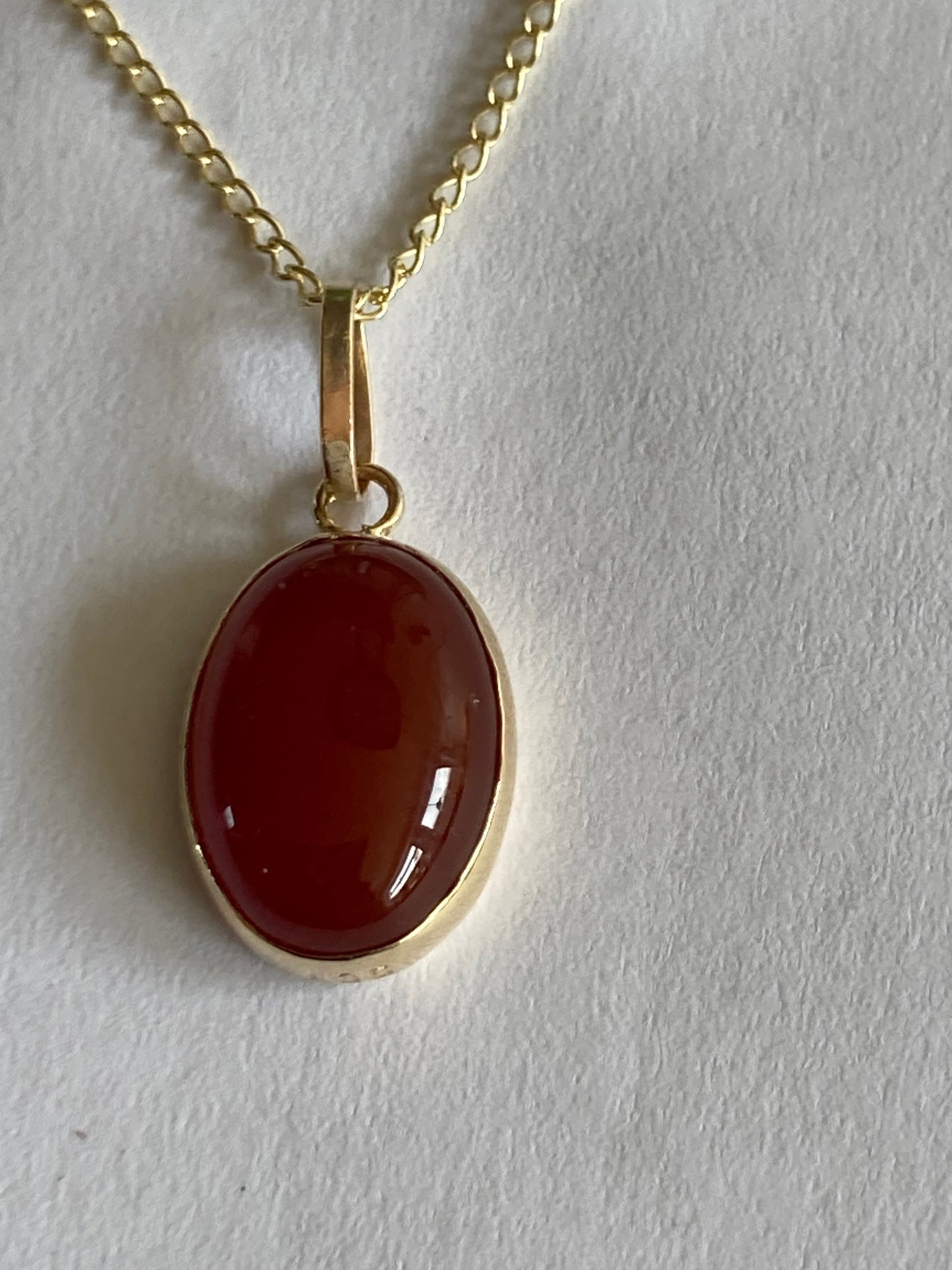 9ct gold carnelian pendant, solid 9ct yellow gold necklace, oval natural red gemstone, 18” gold chain