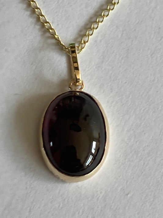 9ct gold garnet pendant, solid 9ct yellow gold necklace, natural oval red stone, 18” chin