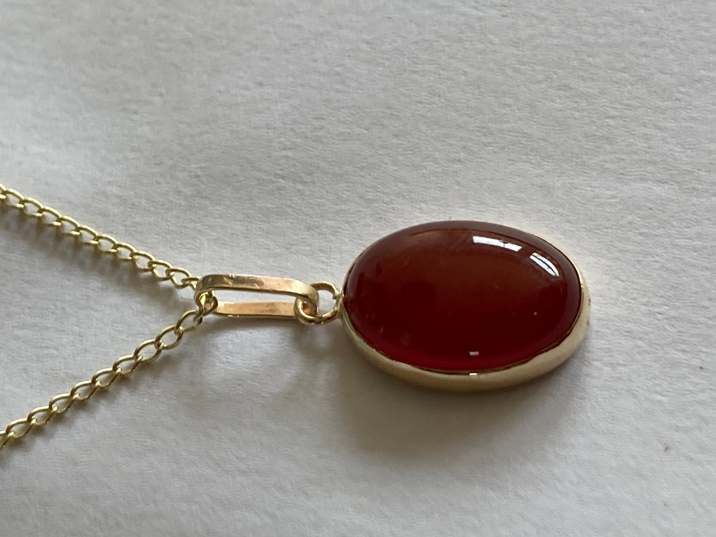 9ct gold carnelian pendant, solid 9ct yellow gold necklace, oval natural red gemstone, 18” gold chain