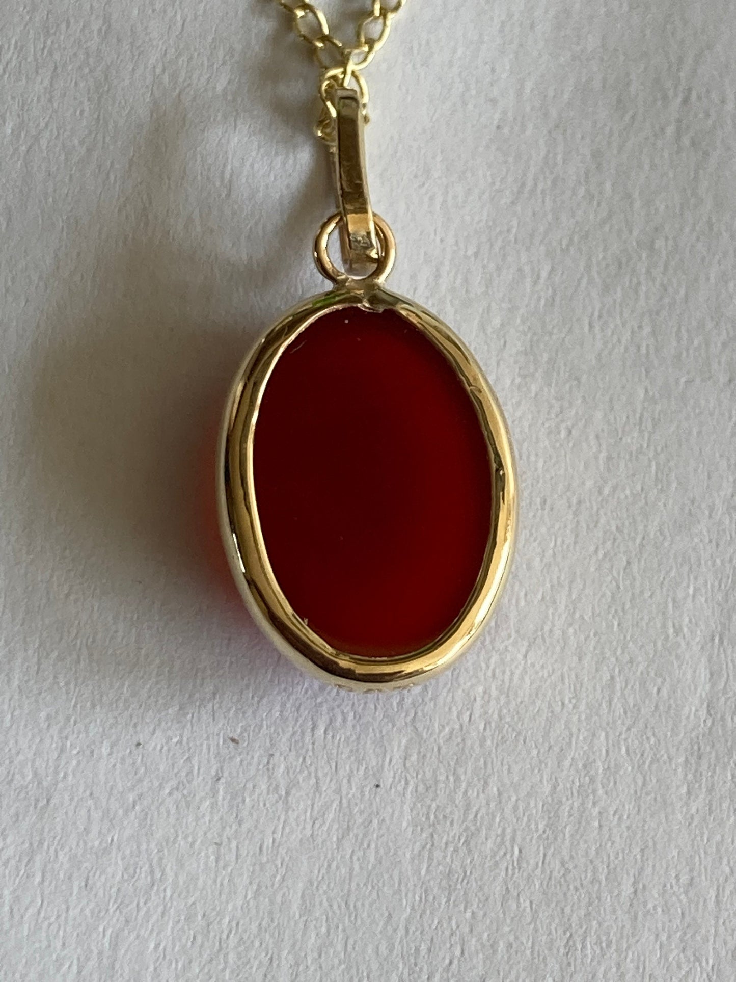 9ct gold carnelian pendant, solid 9ct yellow gold necklace, oval natural red gemstone, 18” gold chain