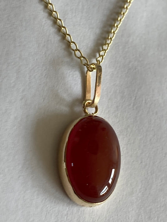 9ct gold carnelian pendant, solid 9ct yellow gold necklace, oval natural red gemstone, 18” gold chain