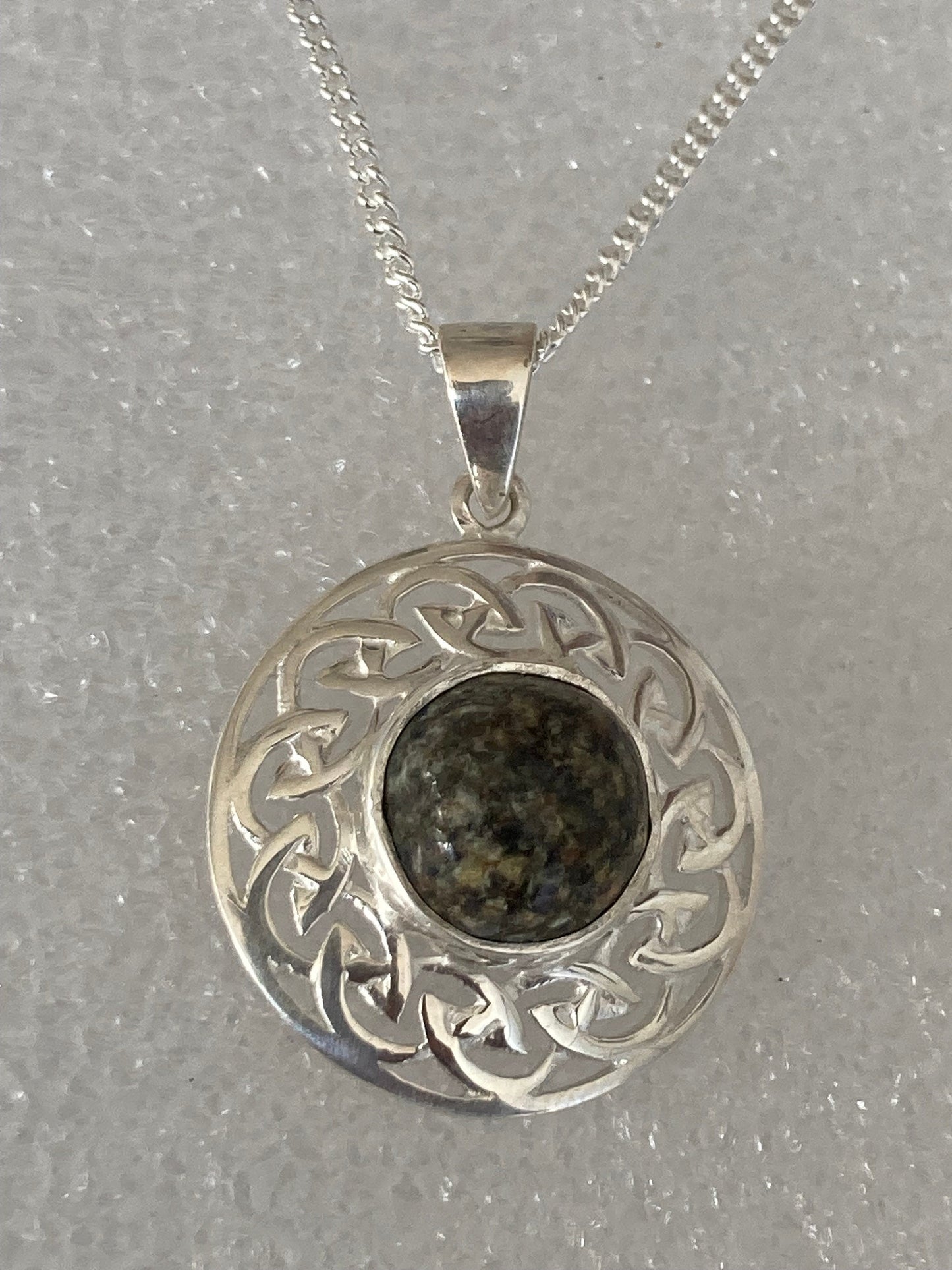 Preseli Bluestone necklace, Celtic Knot Welsh stone, solid 925 sterling silver, 18” chain necklace