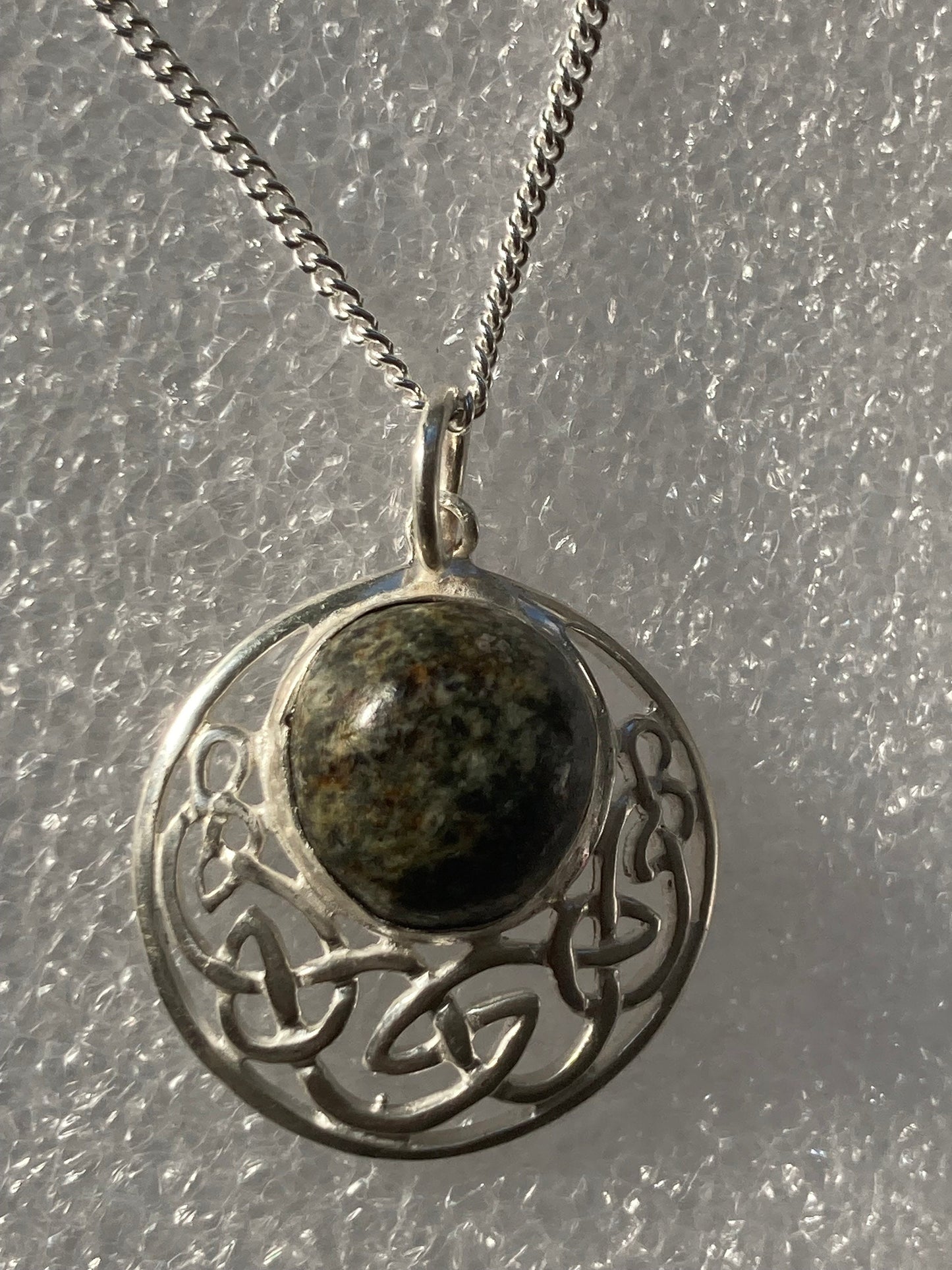 Preseli Bluestone silver necklace, Celtic Knot Welsh stone, solid 925 sterling silver, 18” chain necklace