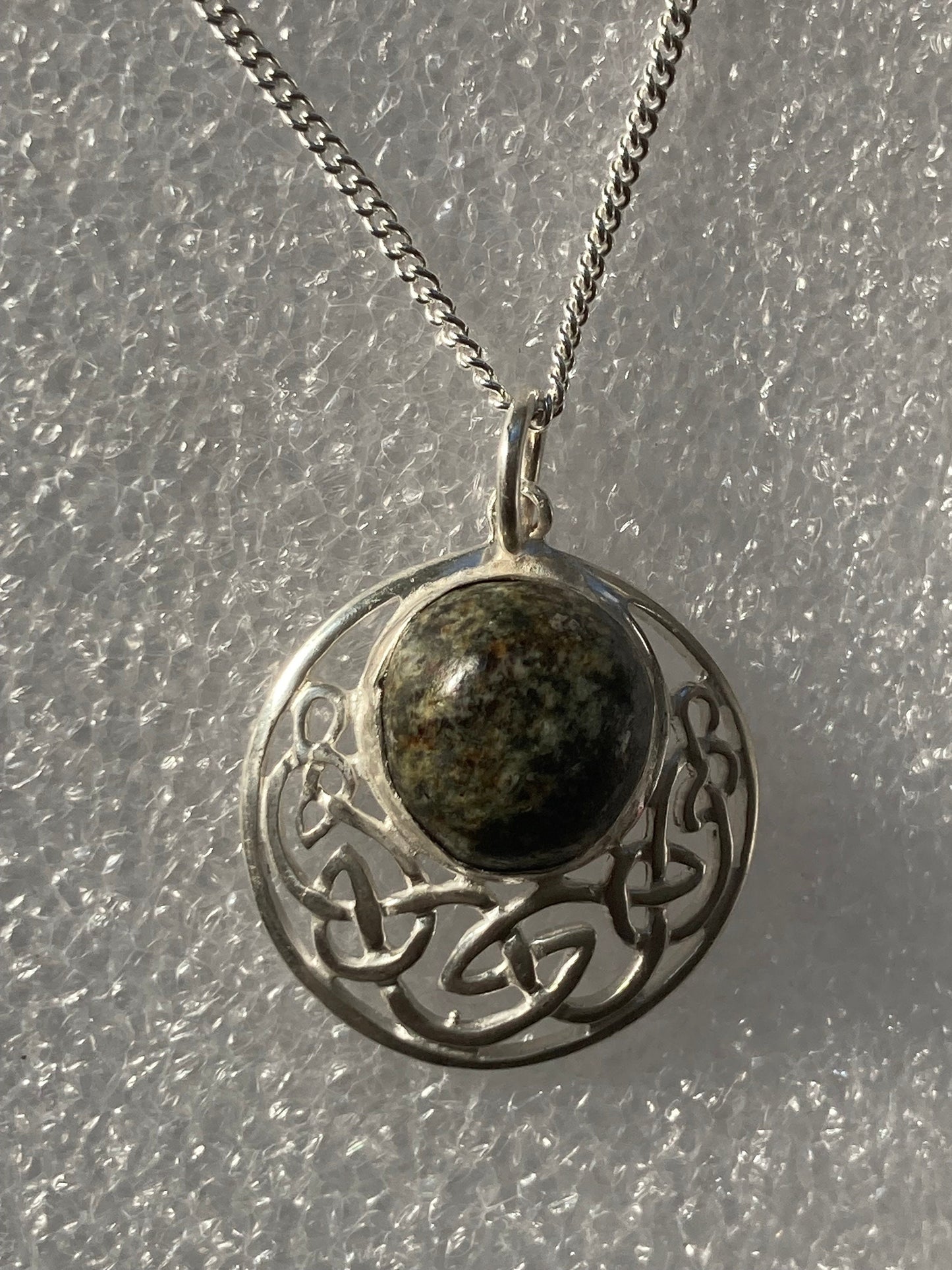 Preseli Bluestone silver necklace, Celtic Knot Welsh stone, solid 925 sterling silver, 18” chain necklace