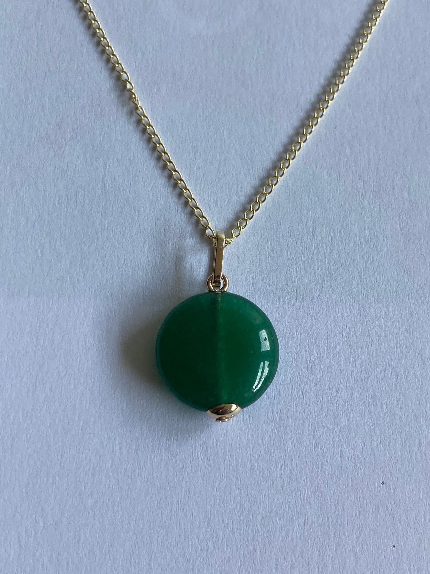 Gold Green onyx pendant, solid 9ct yellow gold necklace , round natural gemstone