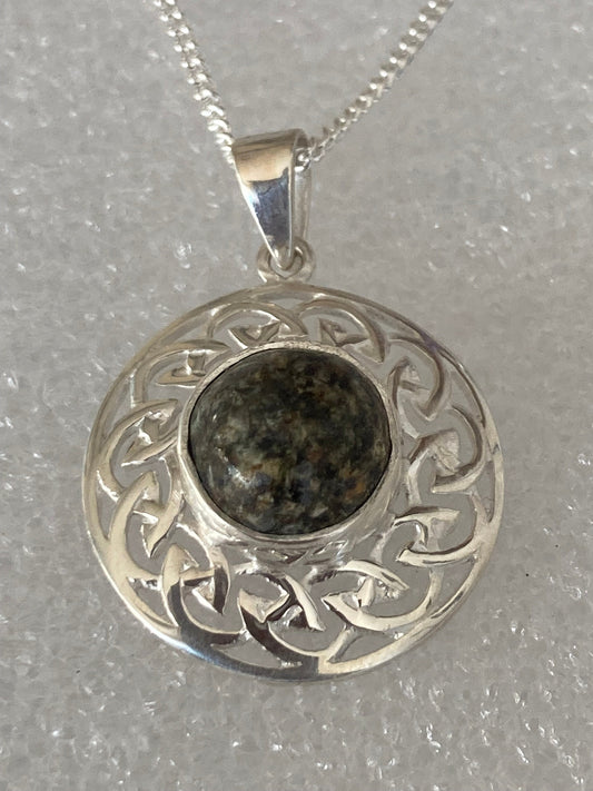 Preseli Bluestone necklace, Celtic Knot Welsh stone, solid 925 sterling silver, 18” chain necklace