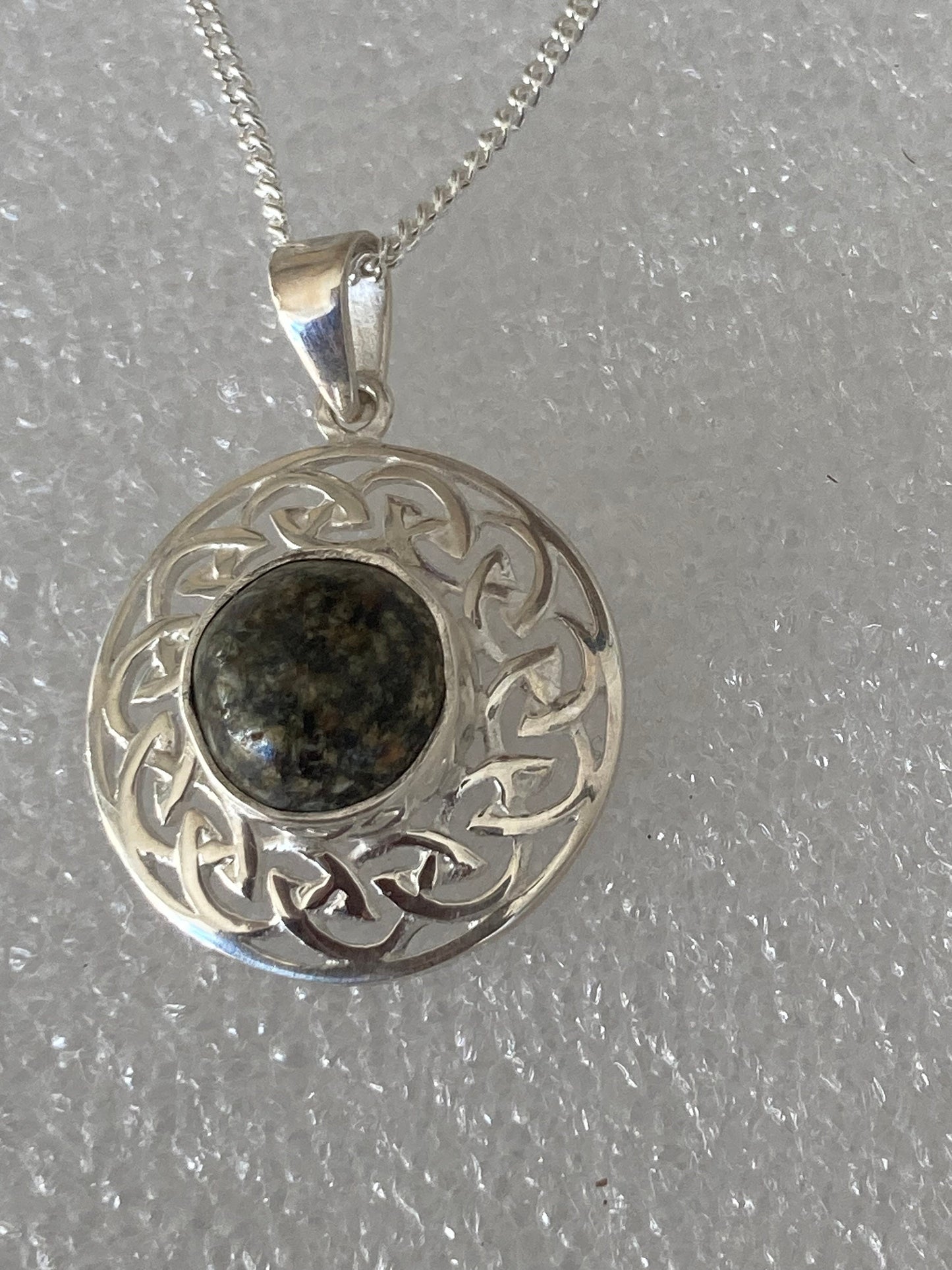 Preseli Bluestone necklace, Celtic Knot Welsh stone, solid 925 sterling silver, 18” chain necklace