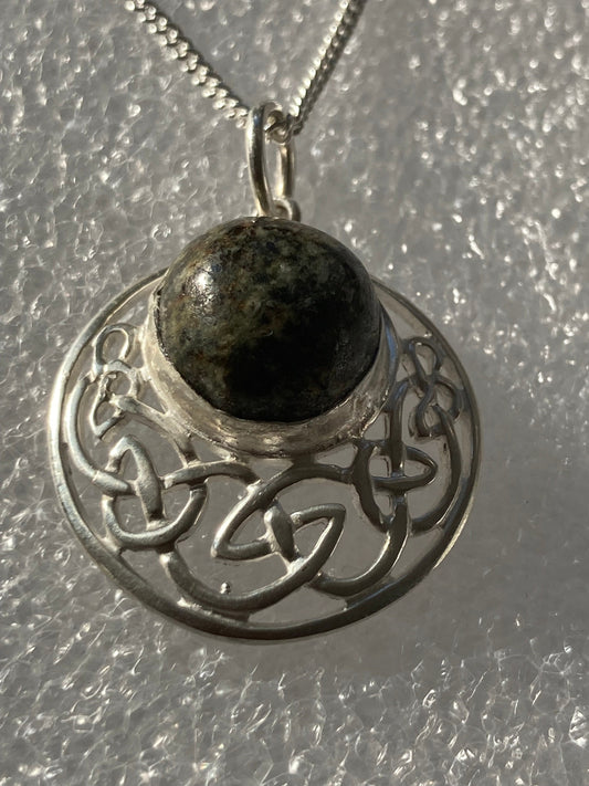 Preseli Bluestone silver necklace, Celtic Knot Welsh stone, solid 925 sterling silver, 18” chain necklace