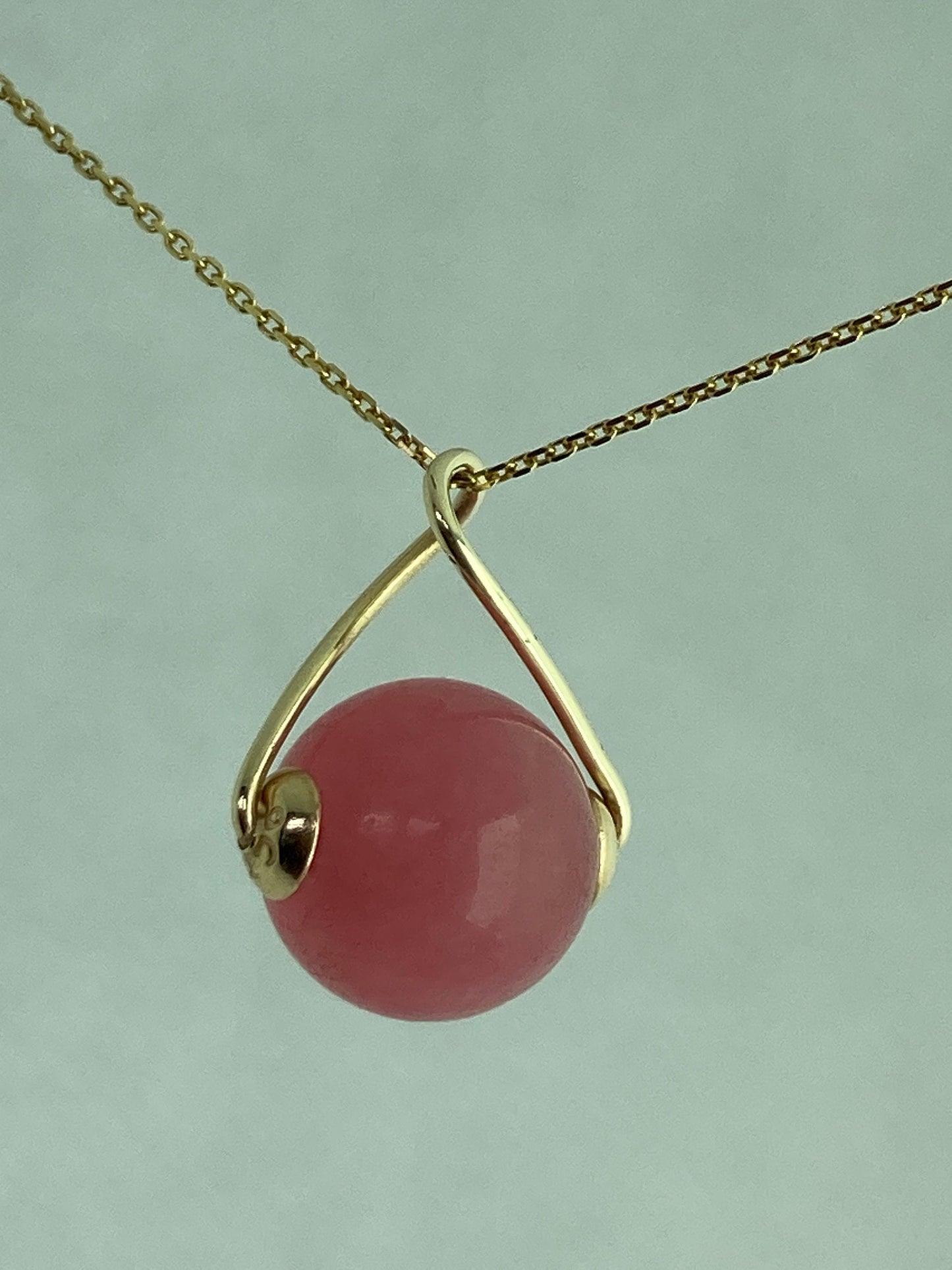 Pink gold necklace, pink Jade pendant, solid yellow gold, round stone