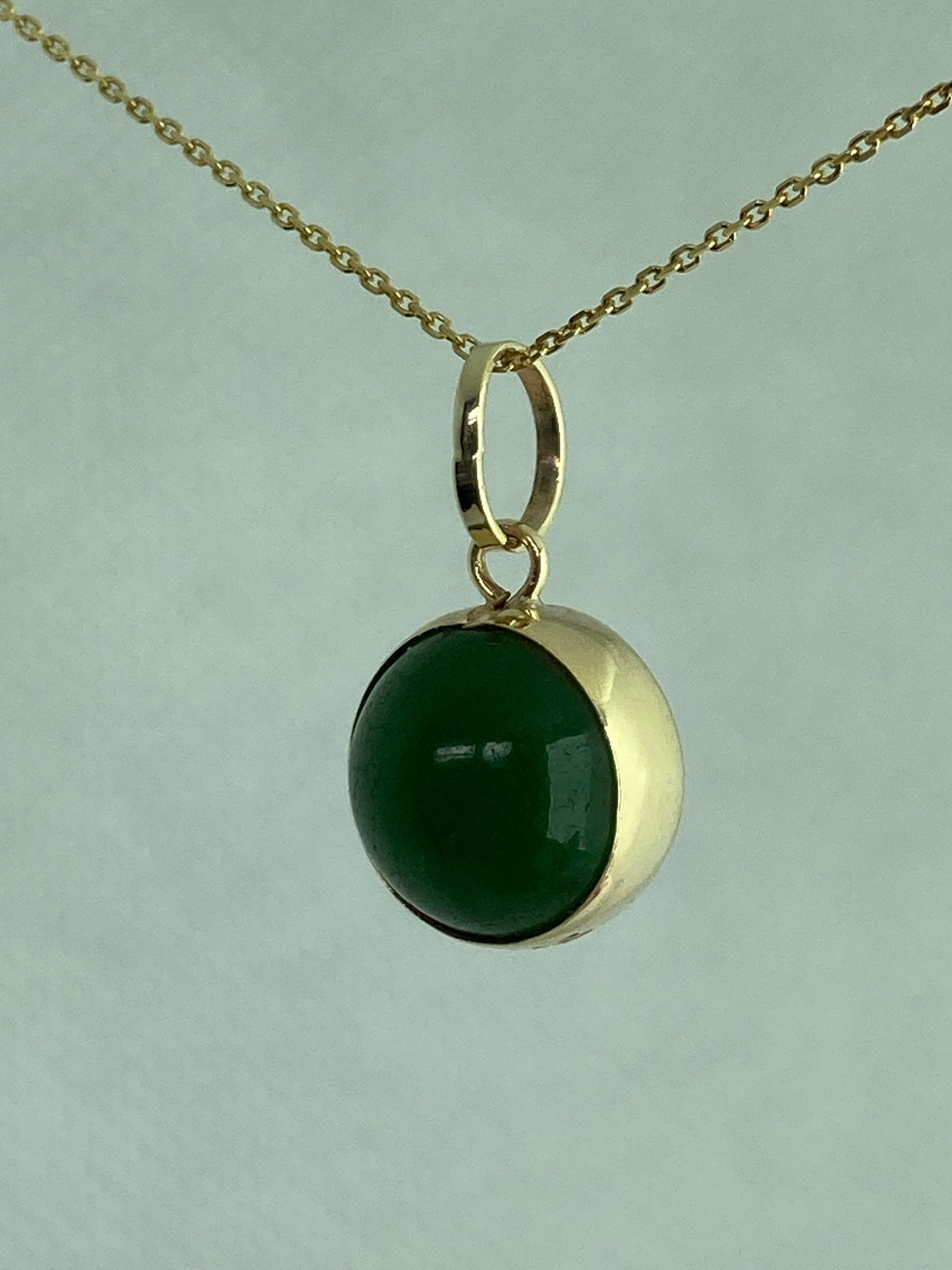 Jade 9ct gold necklace, green Jade pendant, solid yellow gold, round stone
