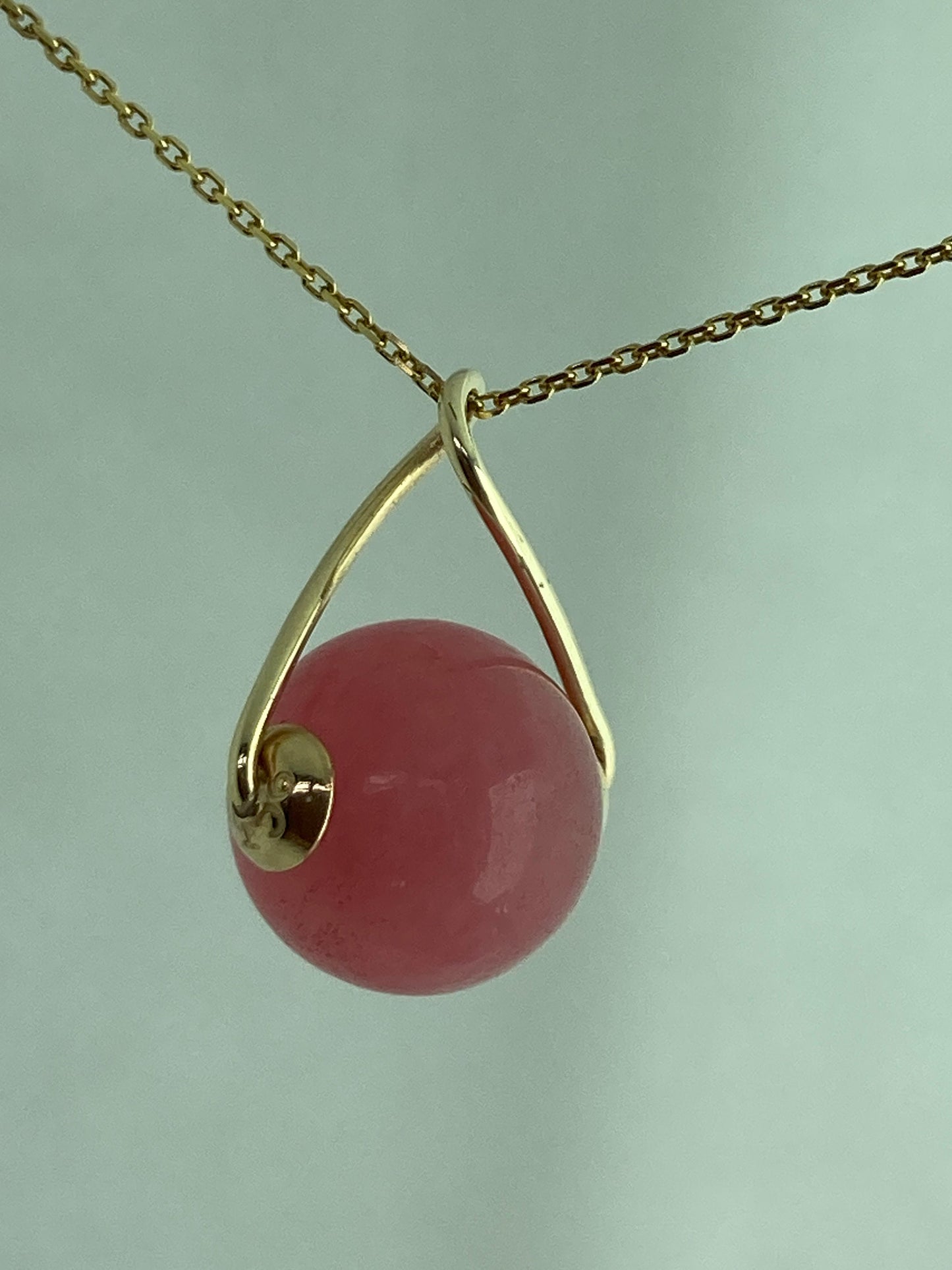 Pink gold necklace, pink Jade pendant, solid yellow gold, round stone