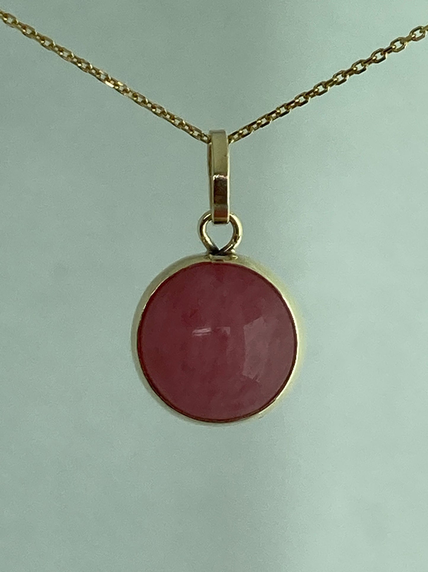 Pink gold pendant, pink Jade pendant, solid yellow gold, round stone