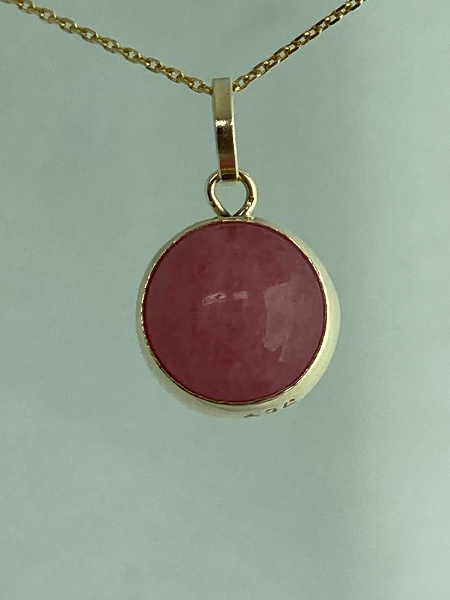 Pink gold pendant, pink Jade pendant, solid yellow gold, round stone