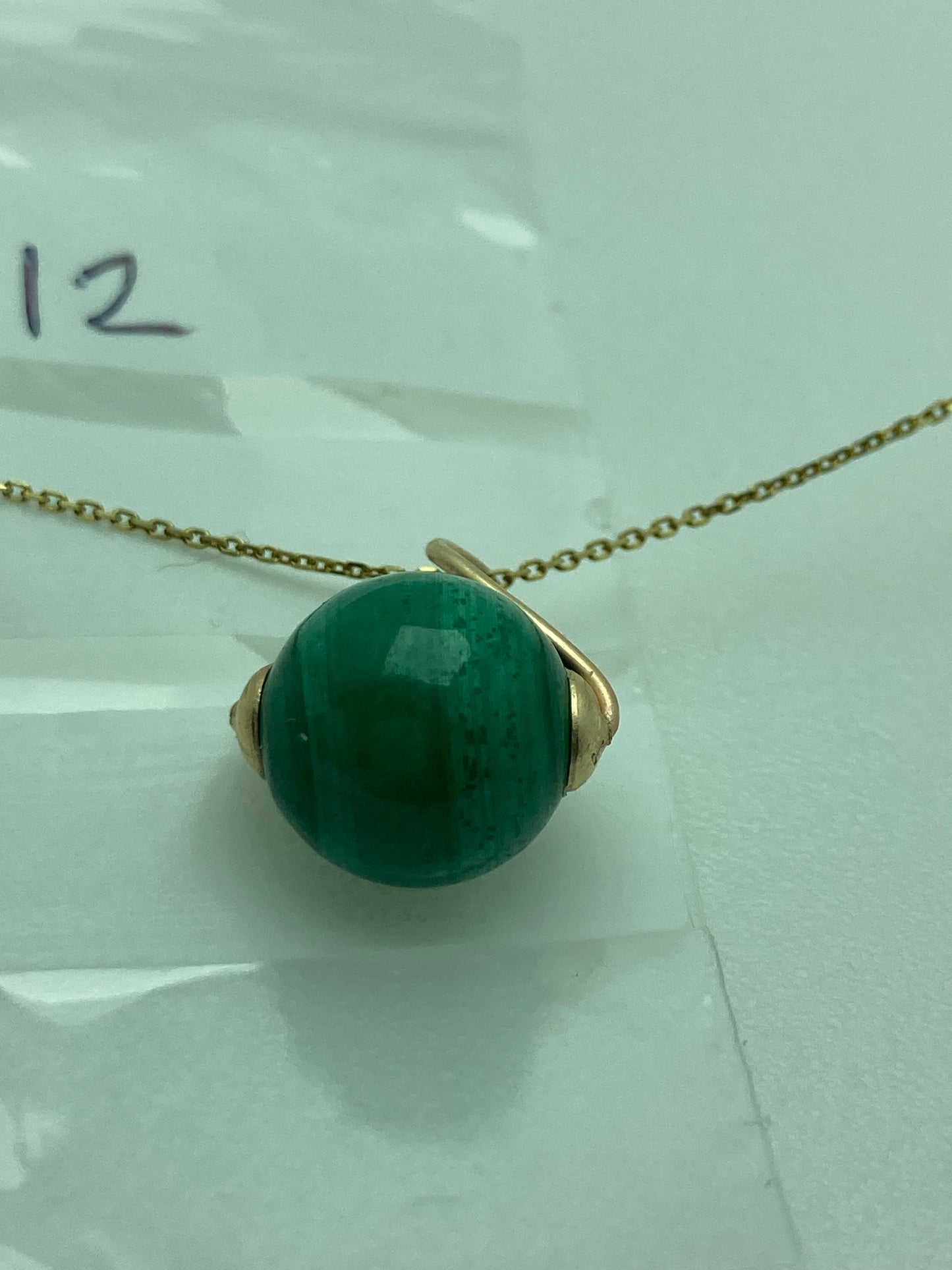 malachite gold pendant, round green malachite, solid 9ct yellow gold necklace, 18” gold chain
