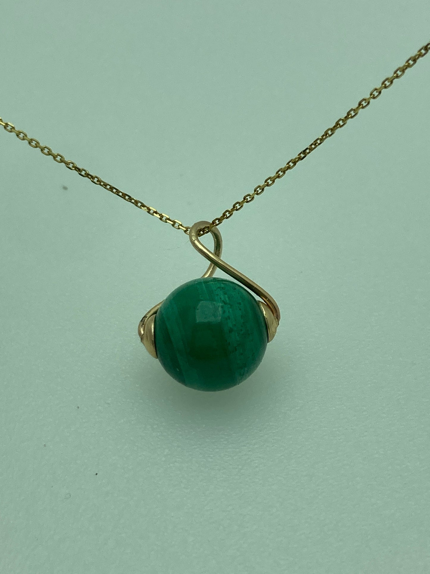 malachite gold pendant, round green malachite, solid 9ct yellow gold necklace, 18” gold chain