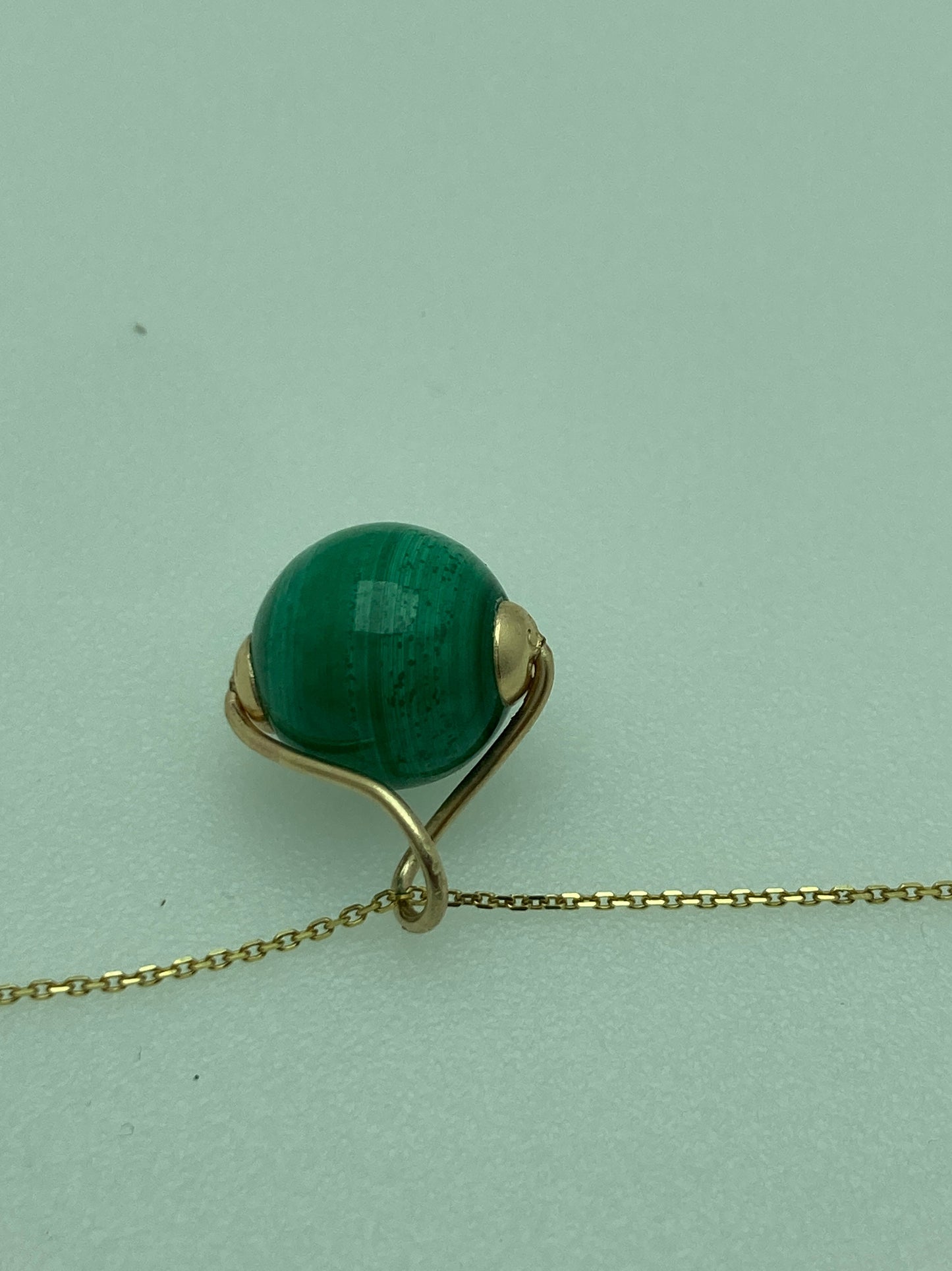 malachite gold pendant, round green malachite, solid 9ct yellow gold necklace, 18” gold chain