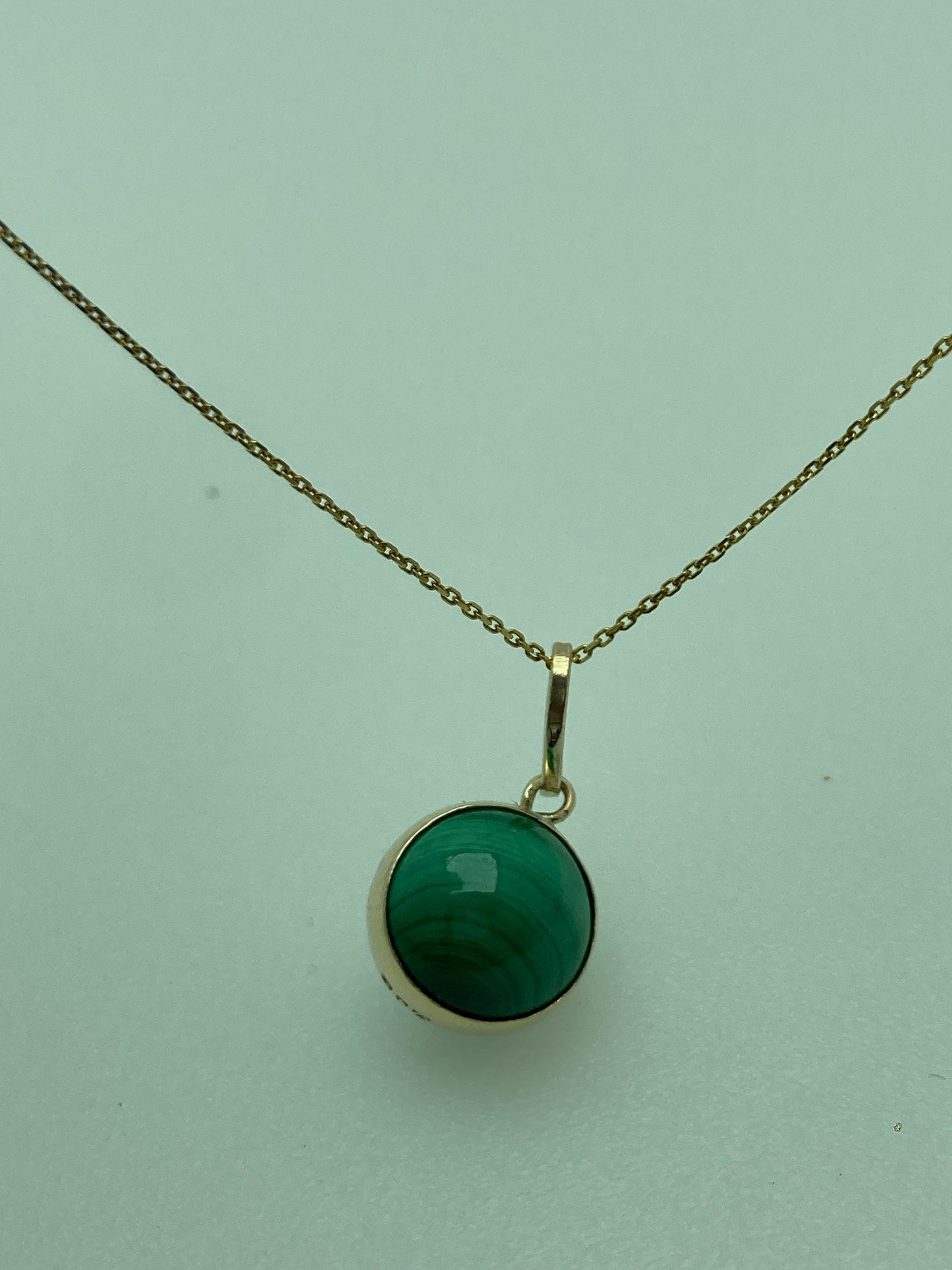 malachite 9ct gold necklace, round green malachite pendant, solid 9ct yellow gold, 18” gold chain
