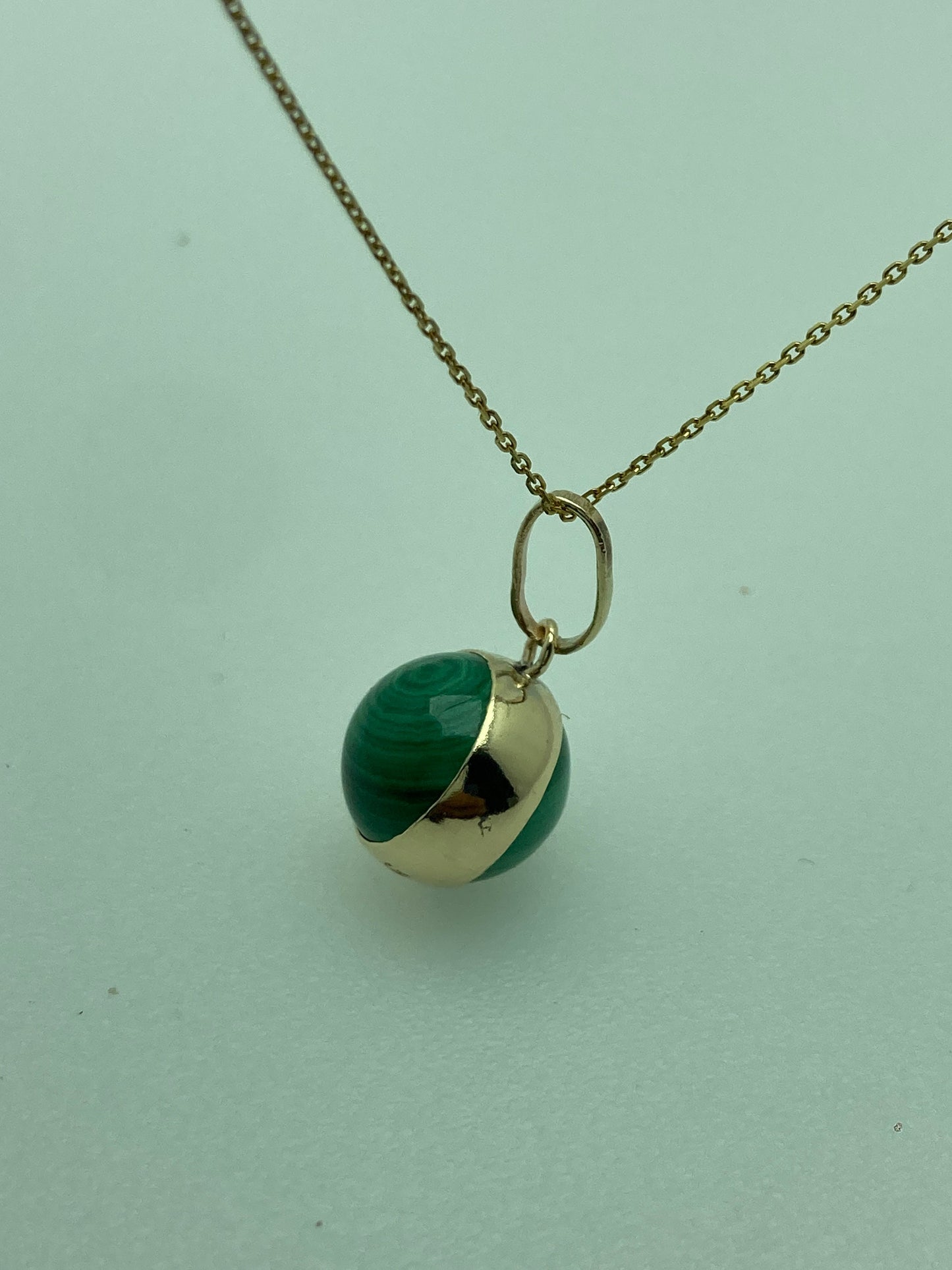 malachite 9ct gold necklace, round green malachite pendant, solid 9ct yellow gold, 18” gold chain