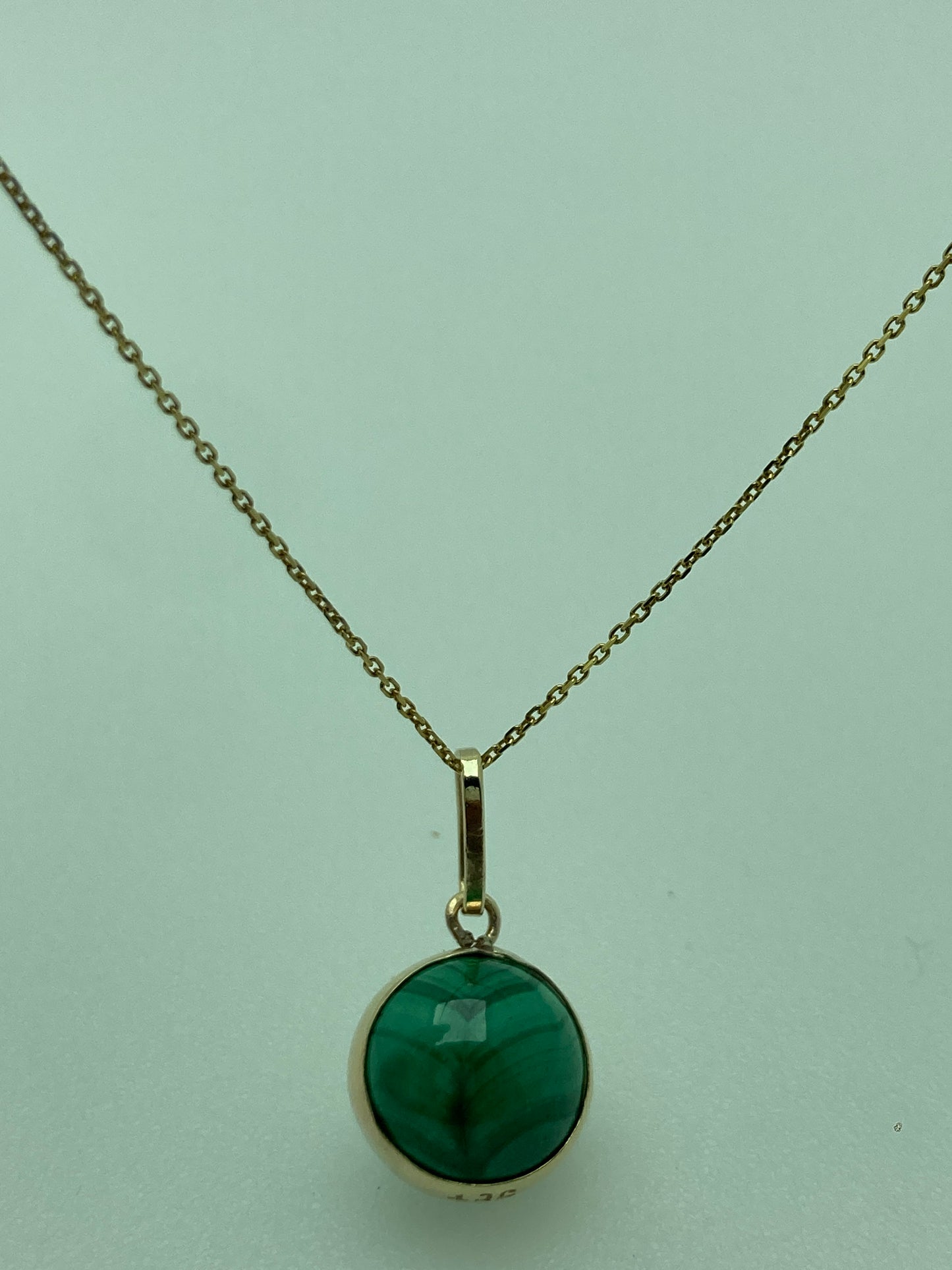 Gold malachite pendant, round green malachite necklace, solid 9ct yellow gold, 18” gold chain