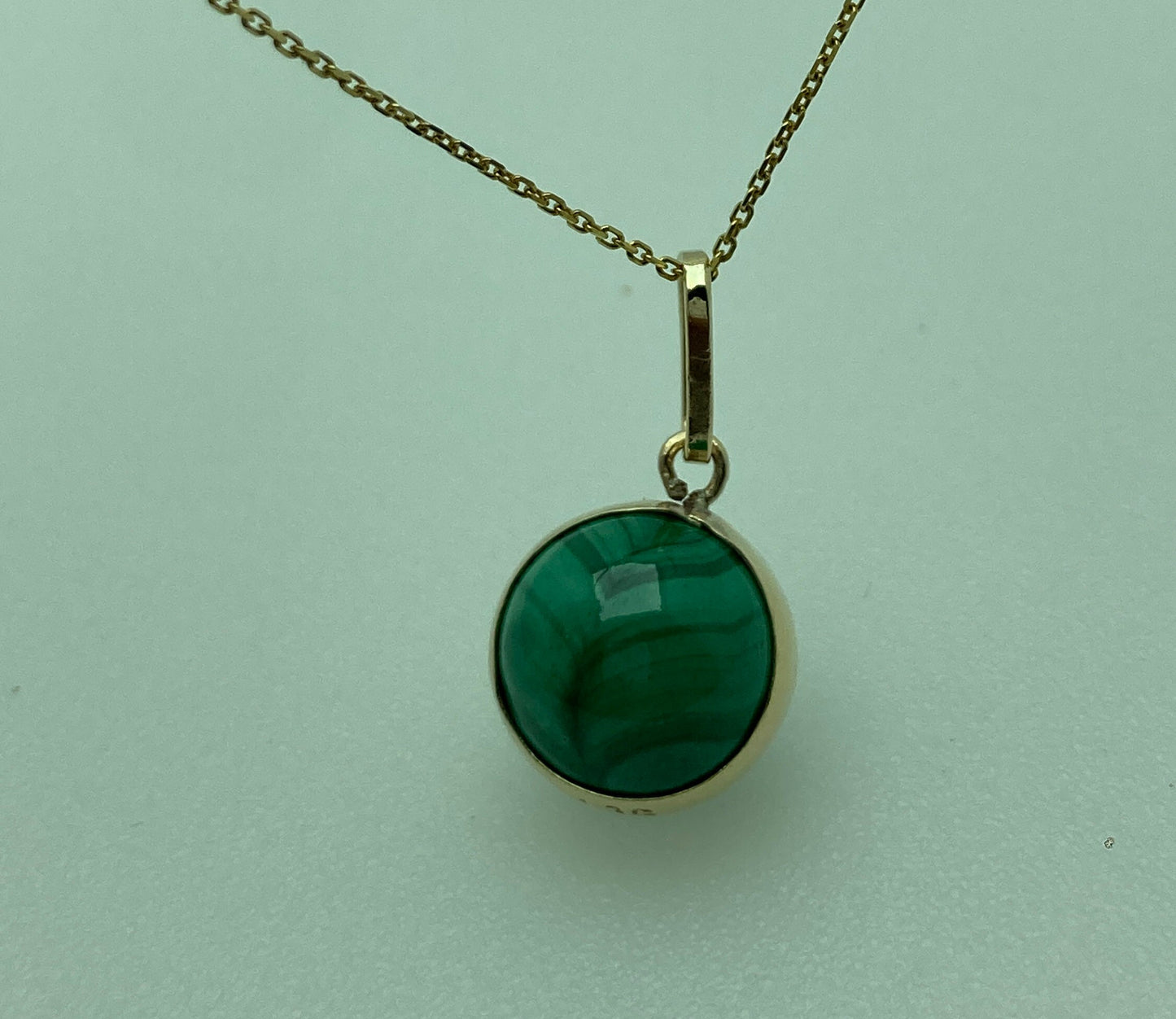 Gold malachite pendant, round green malachite necklace, solid 9ct yellow gold, 18” gold chain