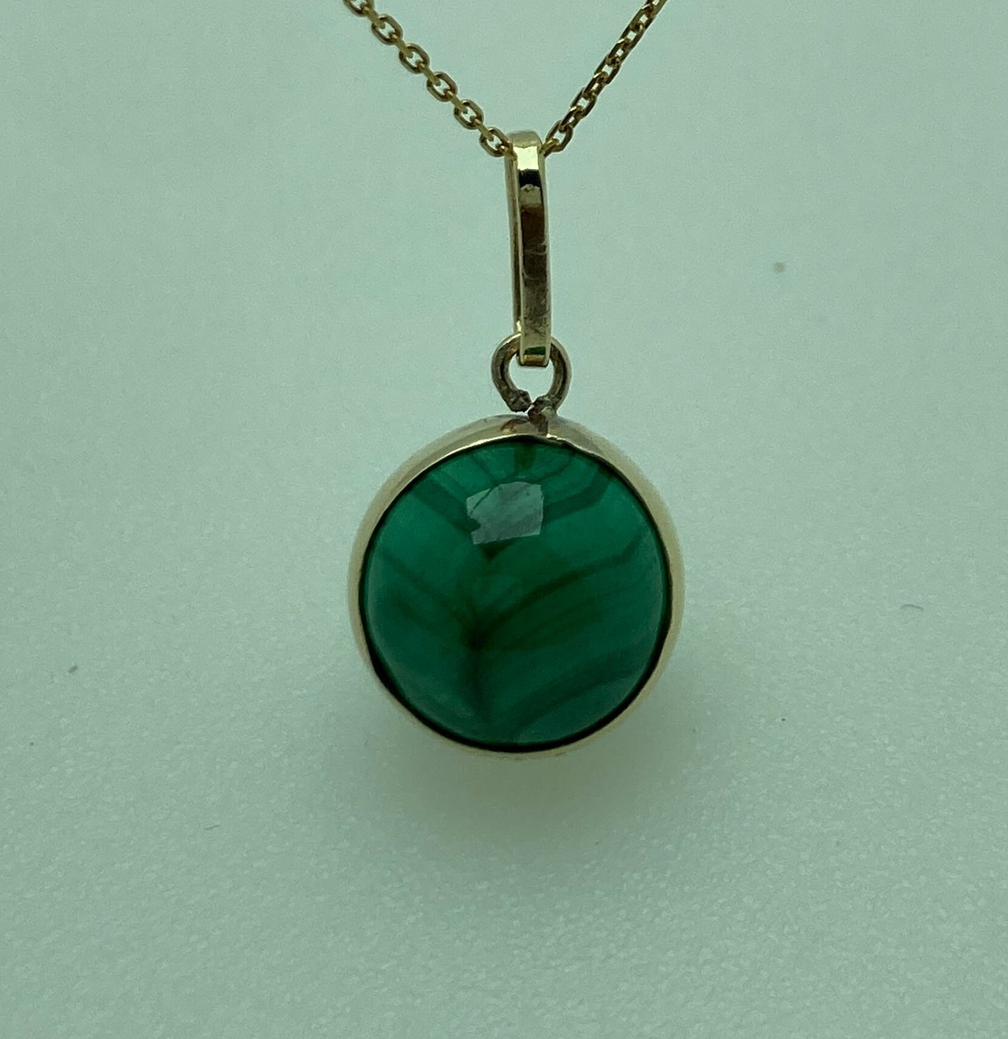 Gold malachite pendant, round green malachite necklace, solid 9ct yellow gold, 18” gold chain