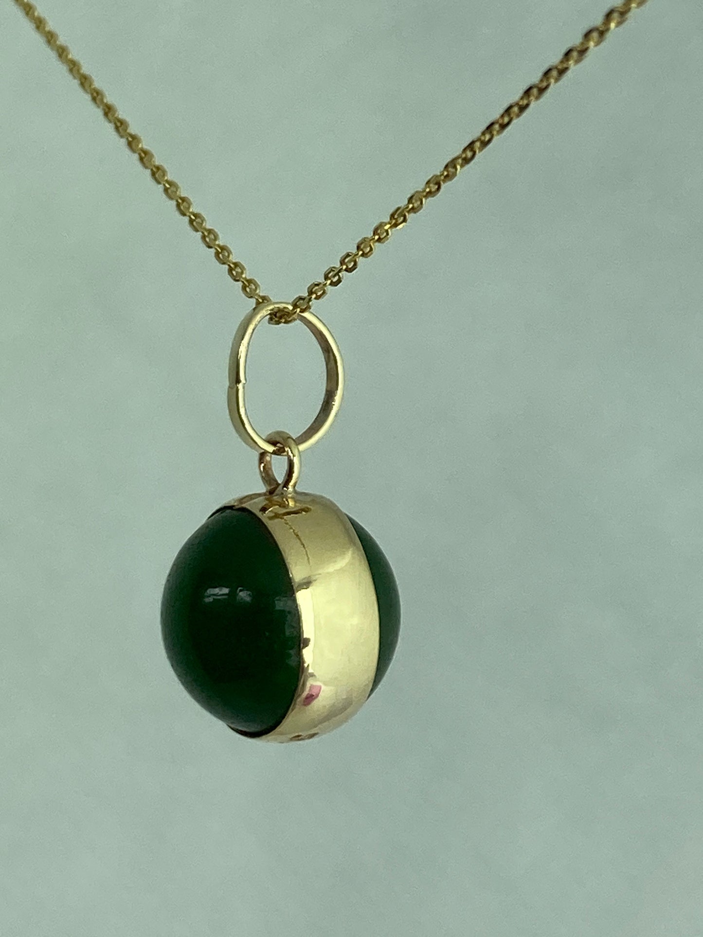 Jade 9ct gold necklace, green Jade pendant, solid yellow gold, round stone